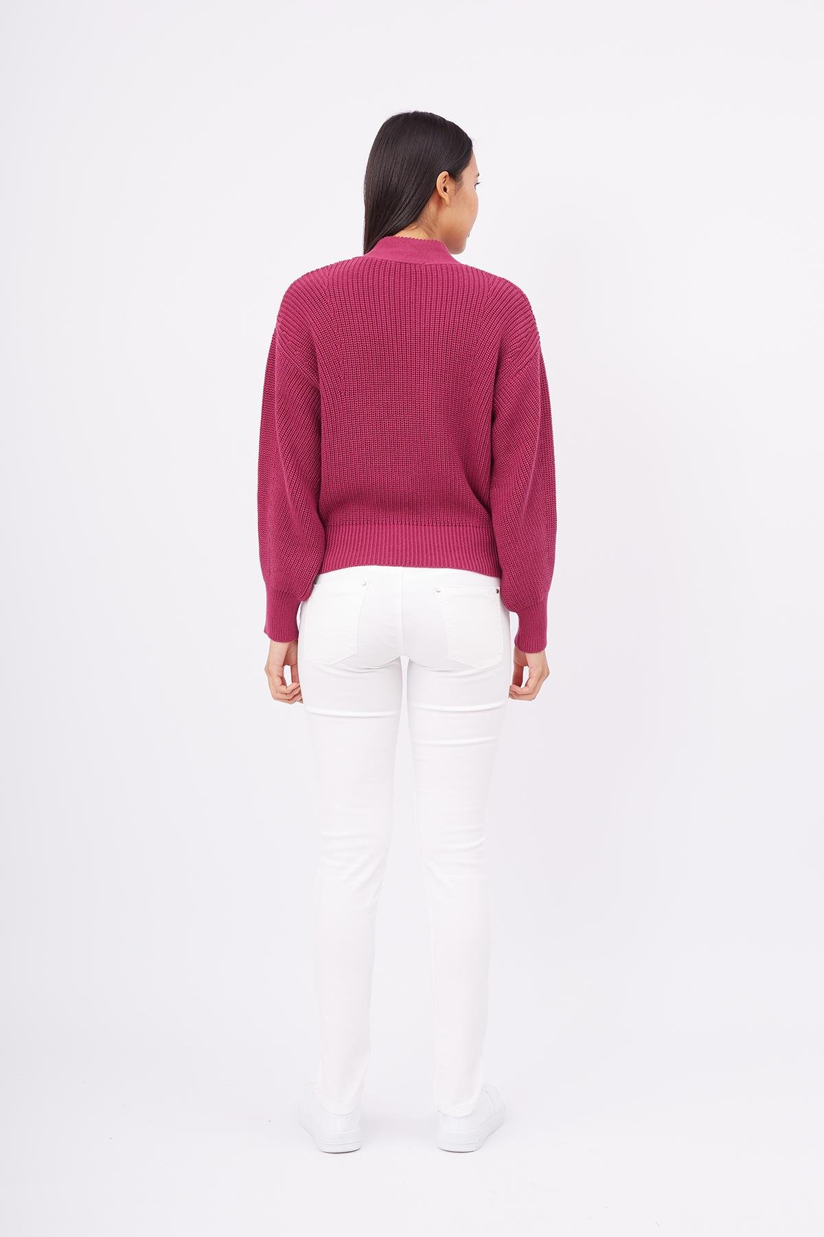 Peraluna Selanik Örgü %100 Pamuk V Yaka Kadın Triko Hırka - Vişne