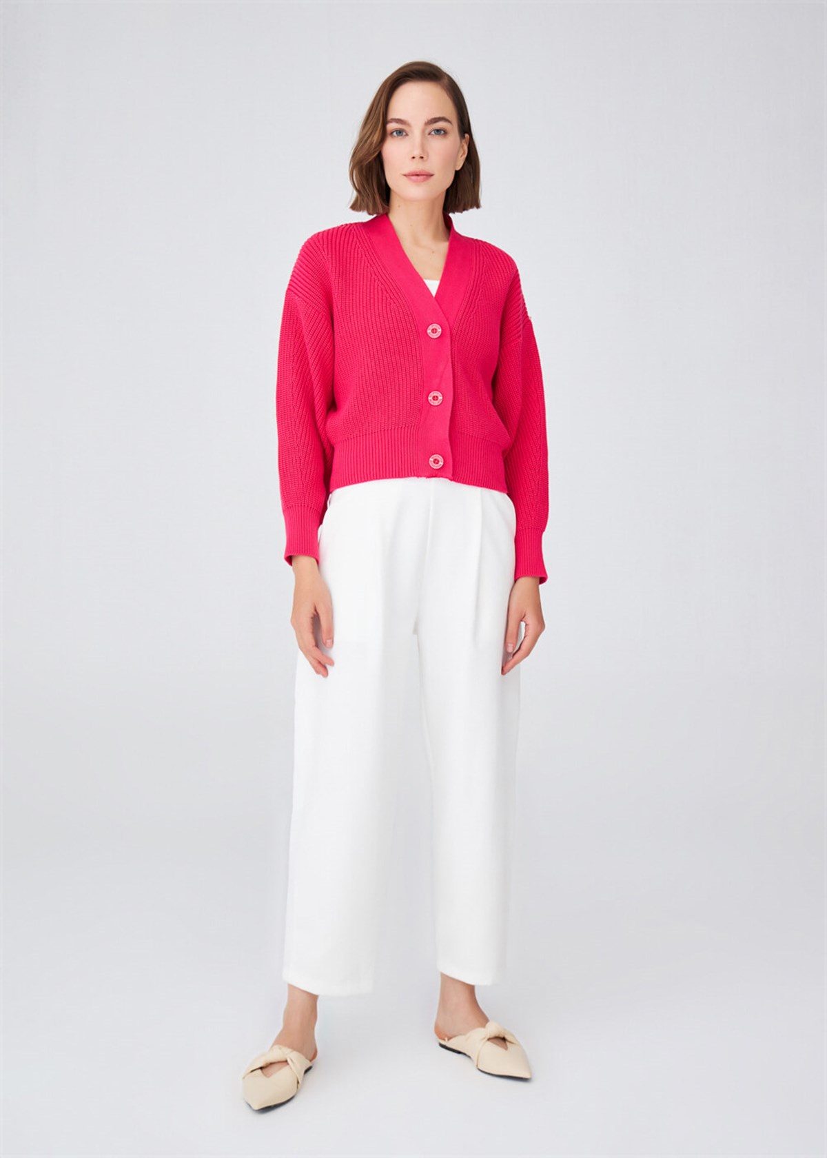 Peraluna Thessaloniki Knitting V-neck 100% Cotton Thick Cardigan - Radical Red