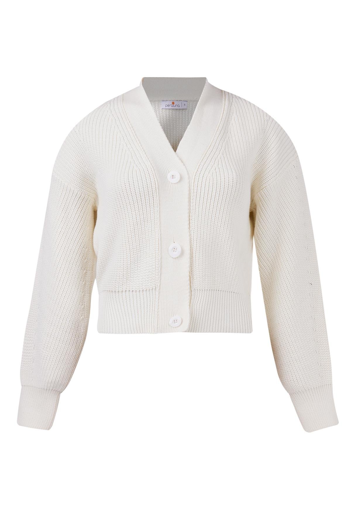 Peraluna Selanik Örgü %100 Pamuk V Yaka Kadın Triko Hırka - Ekru