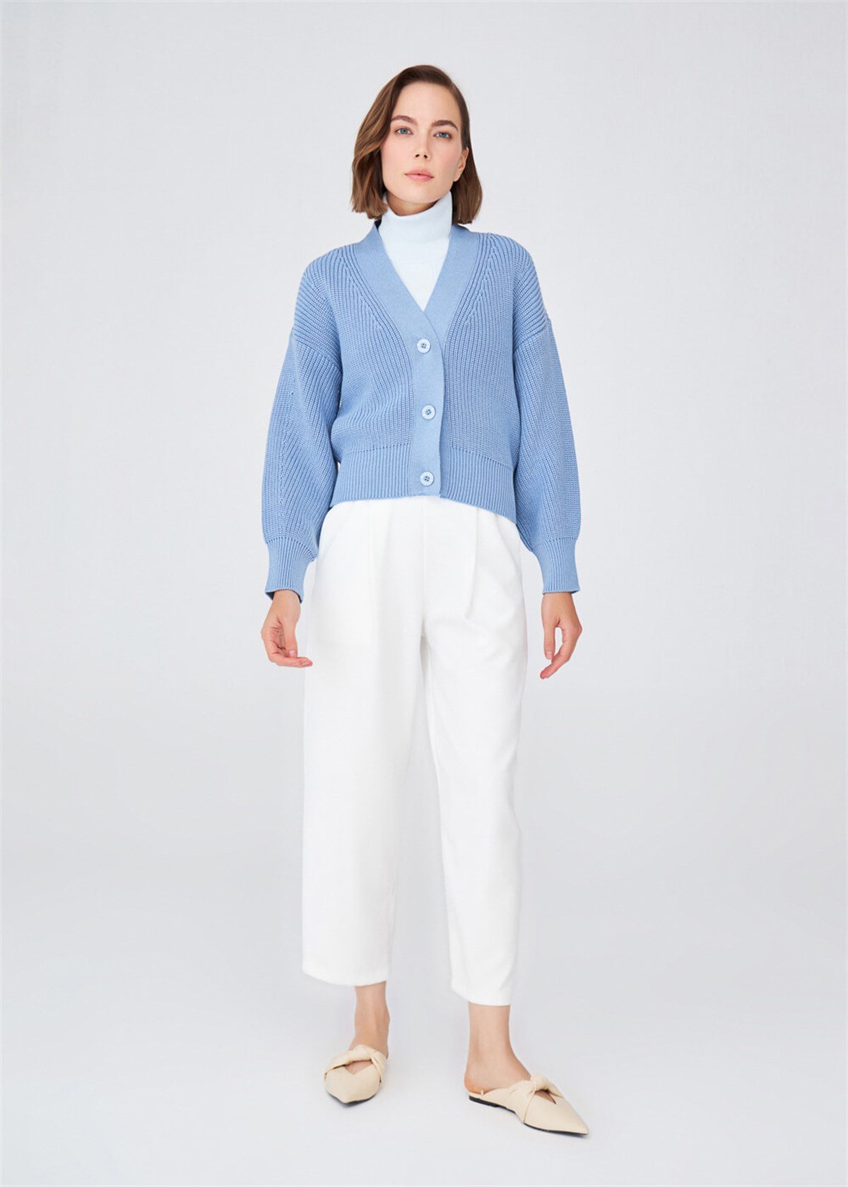 Peraluna Thessaloniki Knitting V-neck 100% Cotton Thick Cardigan - Blue