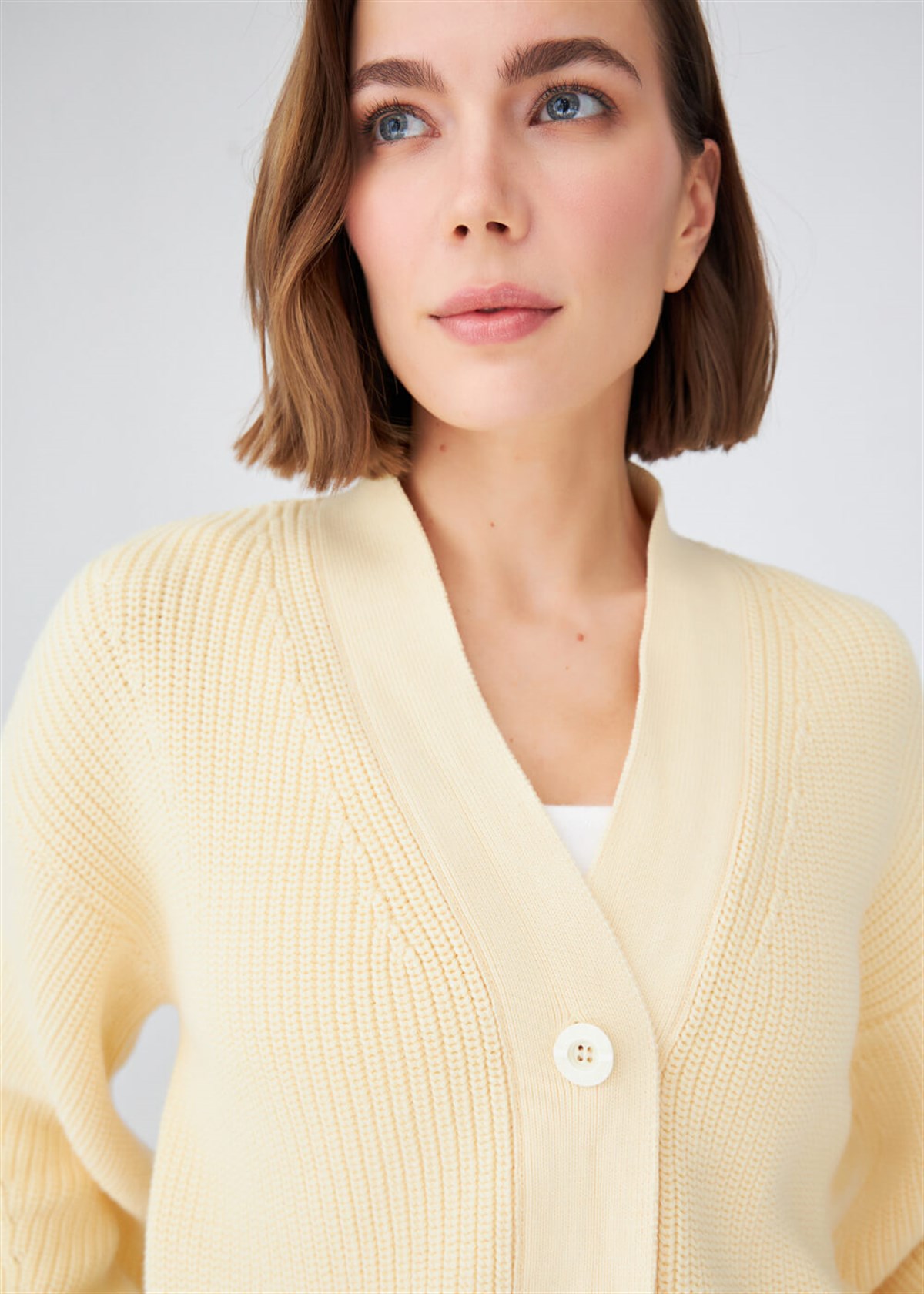 Peraluna Selanik Örgü %100 Pamuk V Yaka Kalın Hırka Sarı