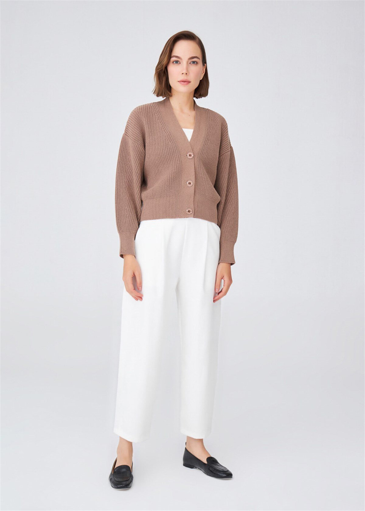 Peraluna Thessaloniki Knitting V-neck 100% Cotton Thick Cardigan - Camel Melange