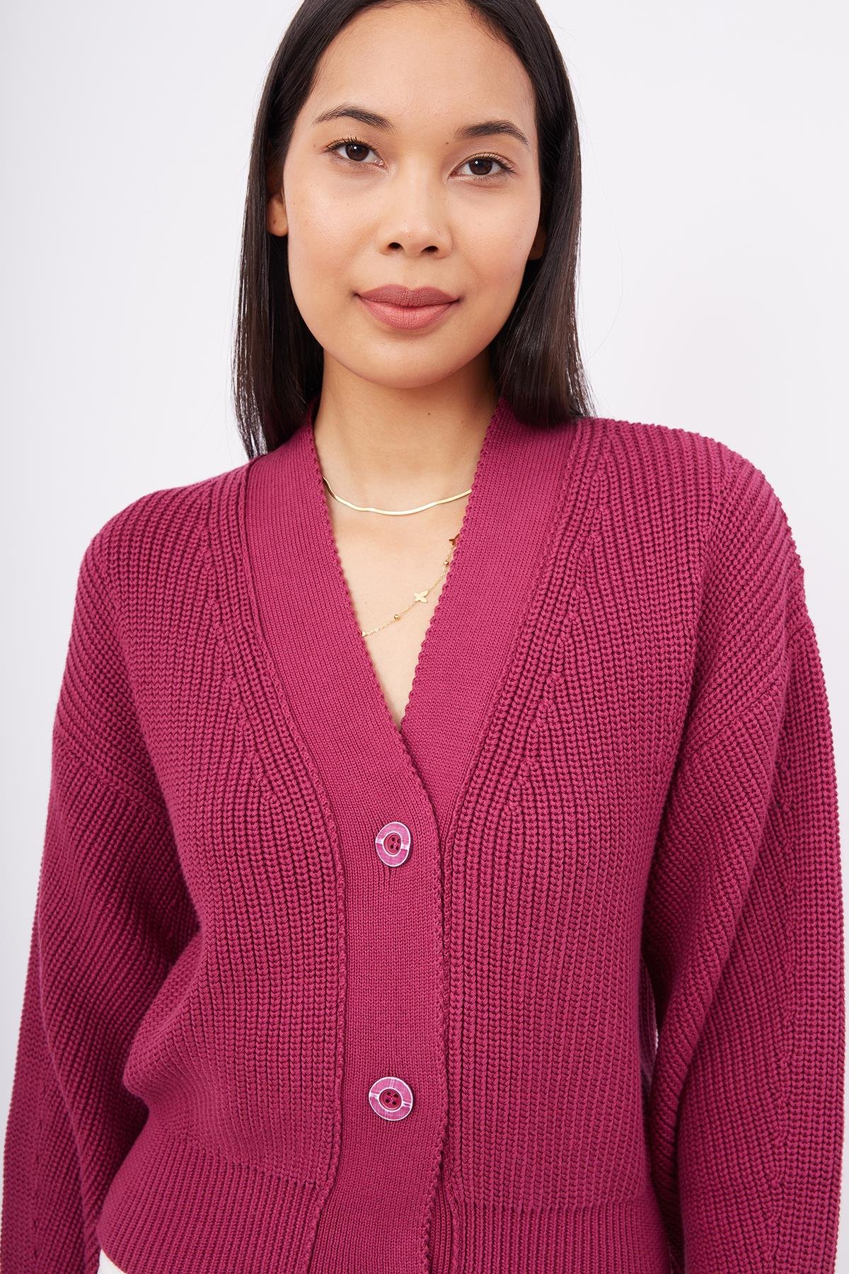 Peraluna Selanik Örgü %100 Pamuk V Yaka Kadın Triko Hırka - Vişne