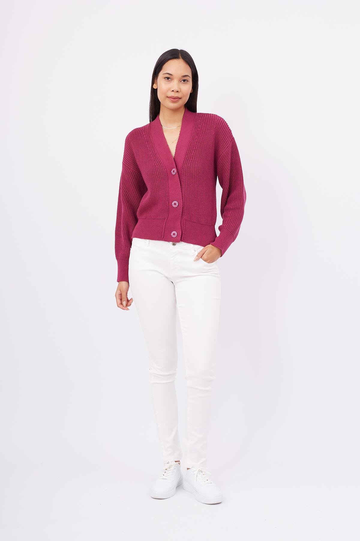 Peraluna Selanik Örgü %100 Pamuk V Yaka Kadın Triko Hırka - Vişne