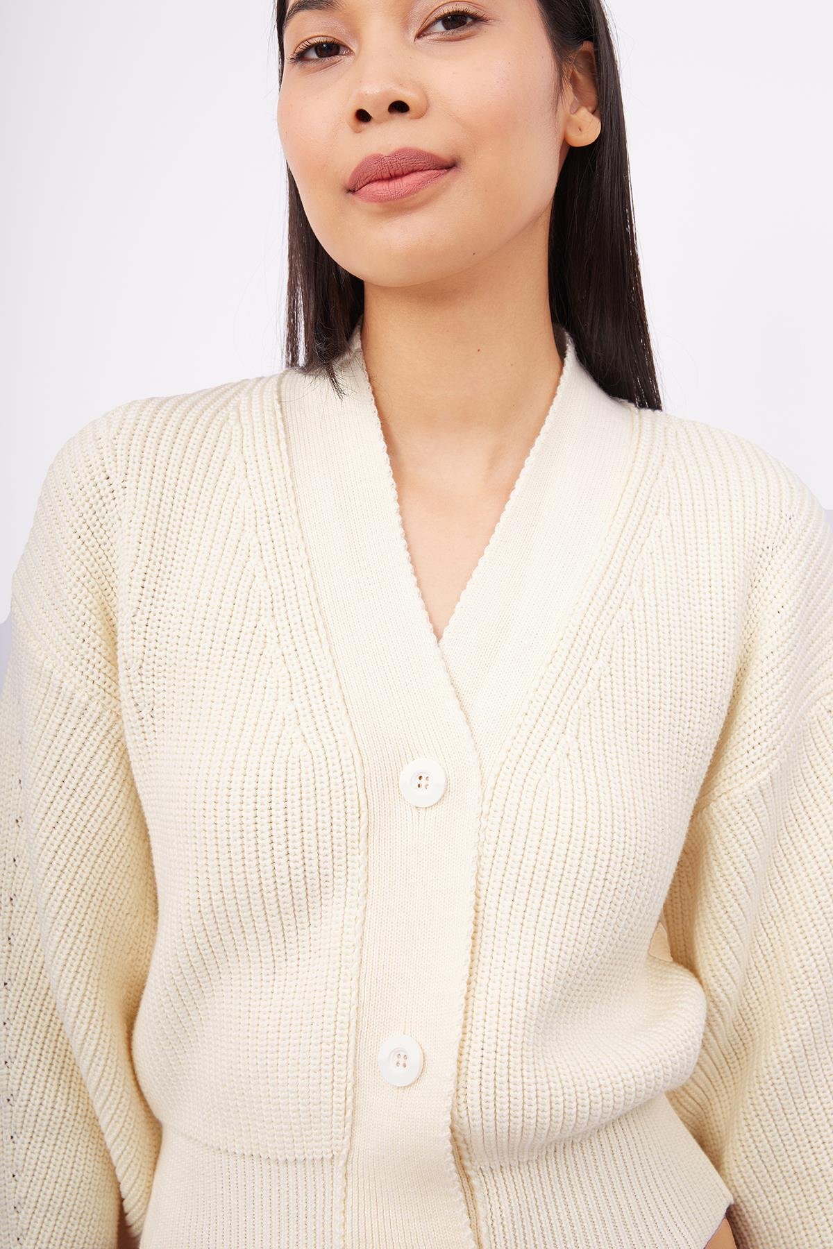 Peraluna Selanik Örgü %100 Pamuk V Yaka Kadın Triko Hırka - Ekru