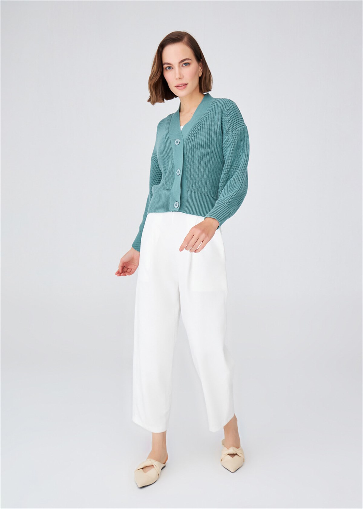 Peraluna Thessaloniki Knitting V-neck 100% Cotton Thick Cardigan - Green