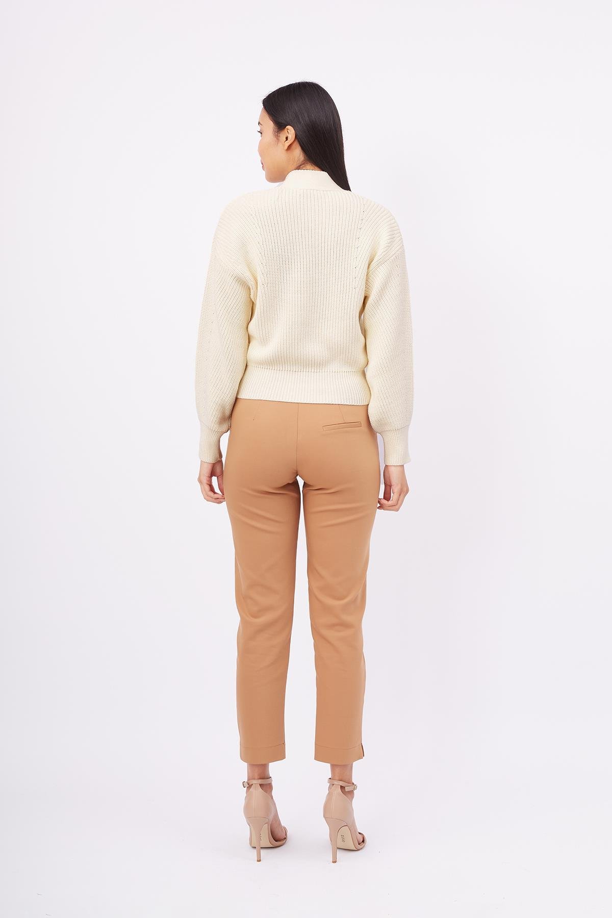 Peraluna Selanik Örgü %100 Pamuk V Yaka Kadın Triko Hırka - Ekru