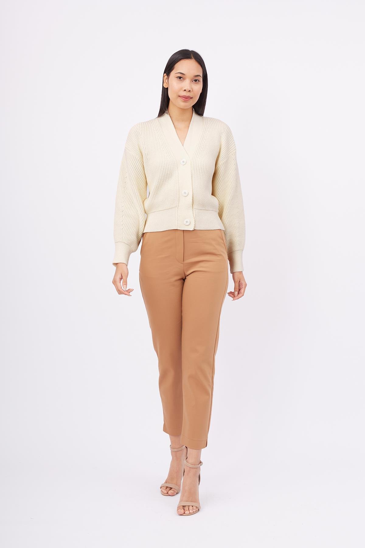 Peraluna Selanik Örgü %100 Pamuk V Yaka Kadın Triko Hırka - Ekru