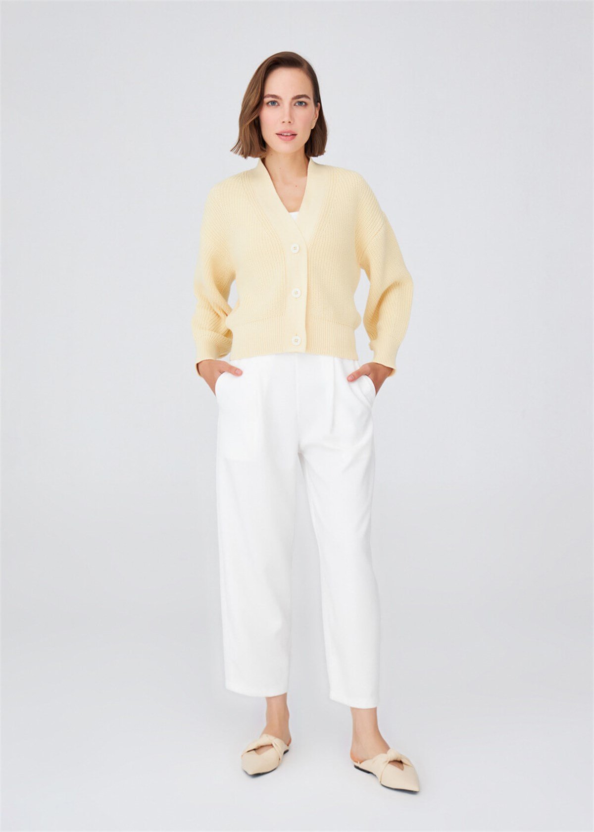 Peraluna Selanik Örgü %100 Pamuk V Yaka Kalın Hırka Sarı