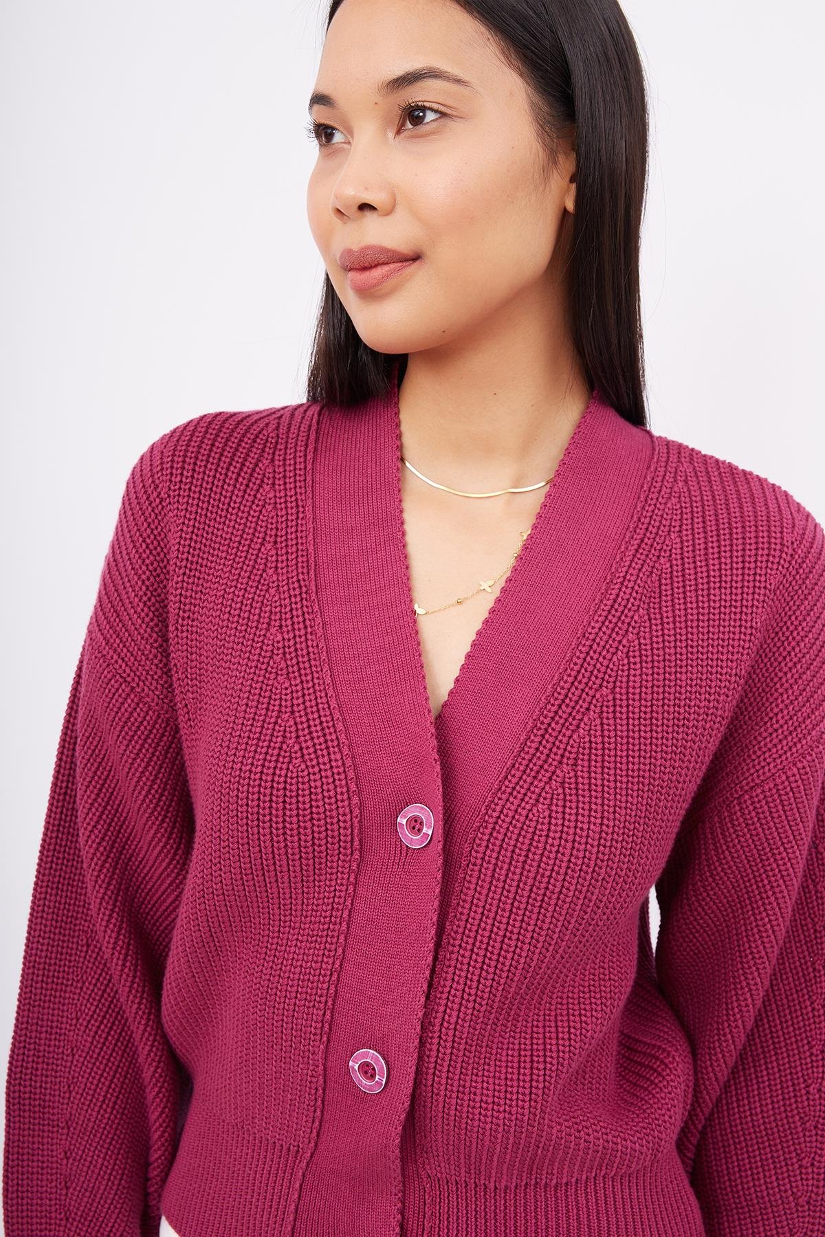 Peraluna Selanik Örgü %100 Pamuk V Yaka Kadın Triko Hırka - Vişne