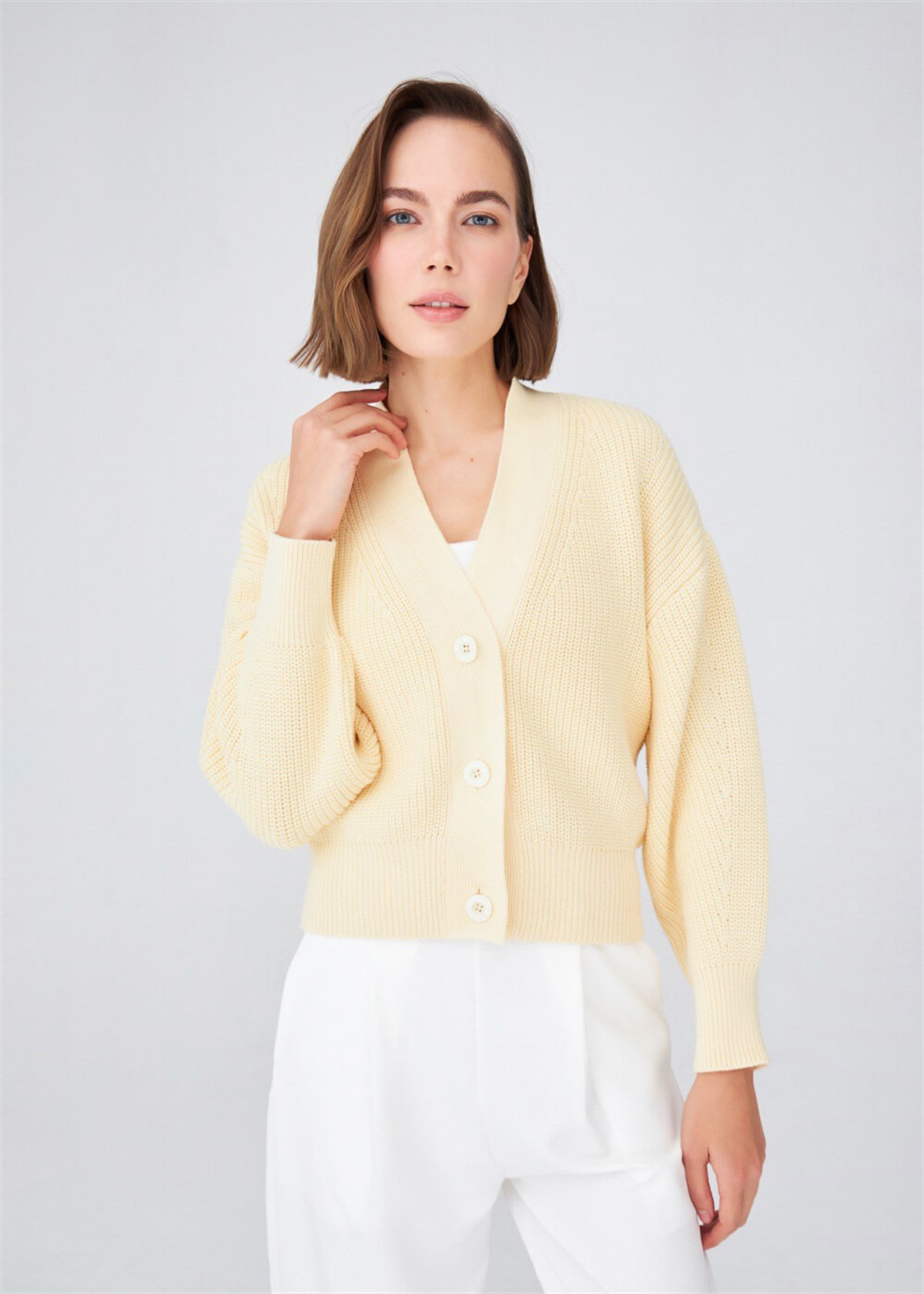 Peraluna Selanik Örgü %100 Pamuk V Yaka Kalın Hırka Sarı