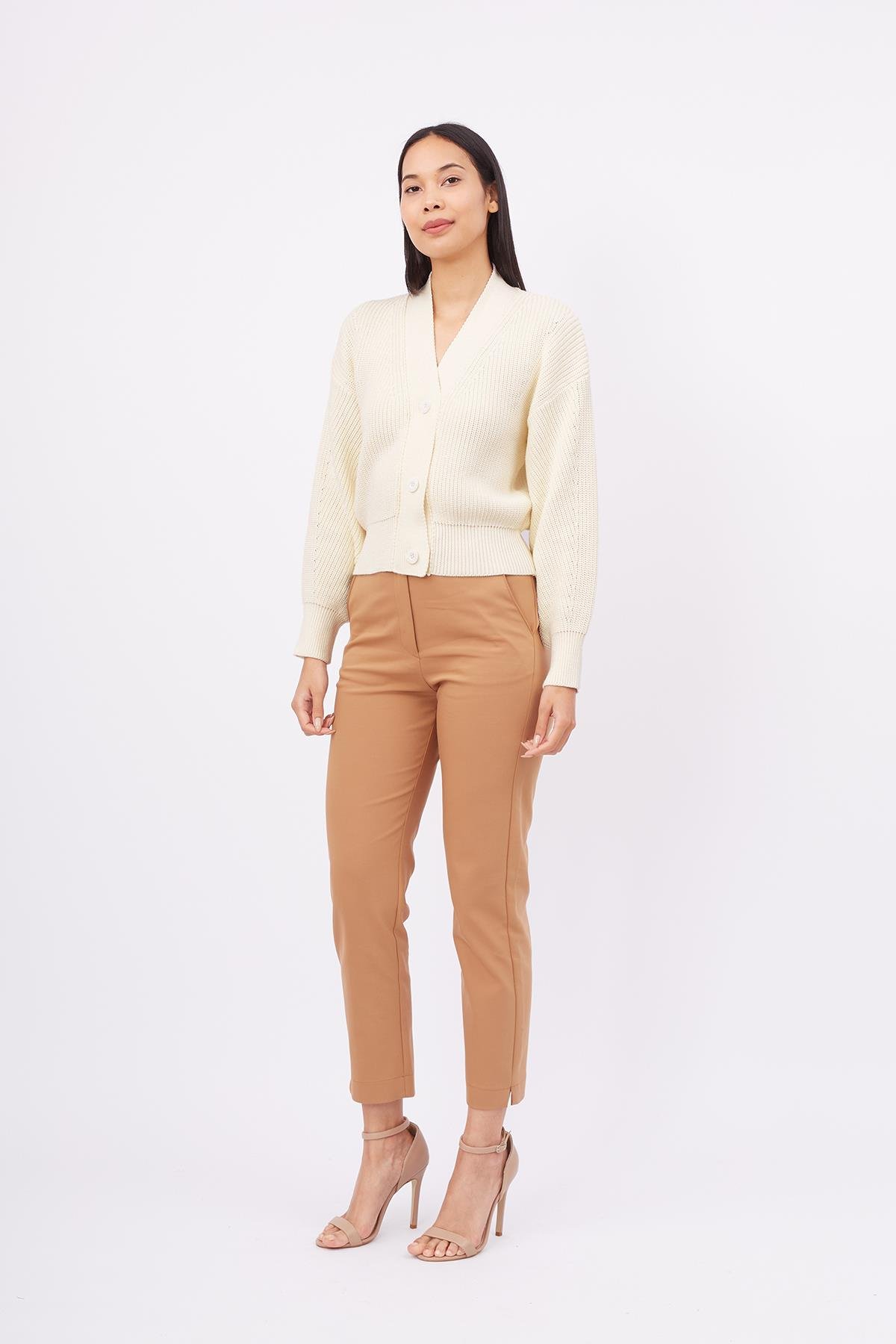 Peraluna Selanik Örgü %100 Pamuk V Yaka Kadın Triko Hırka - Ekru