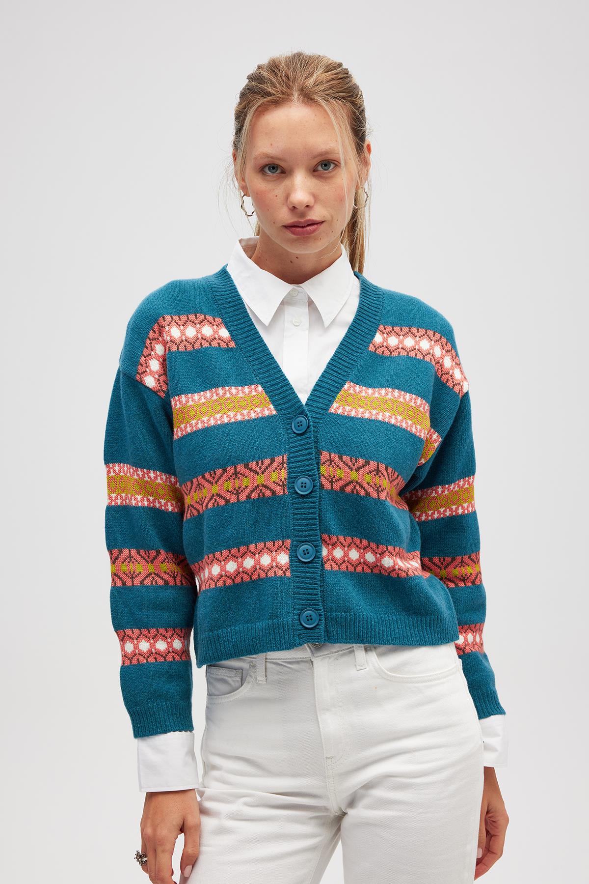 Peraluna Sephora Jakarlı Kadın Triko Hırka - Mavi