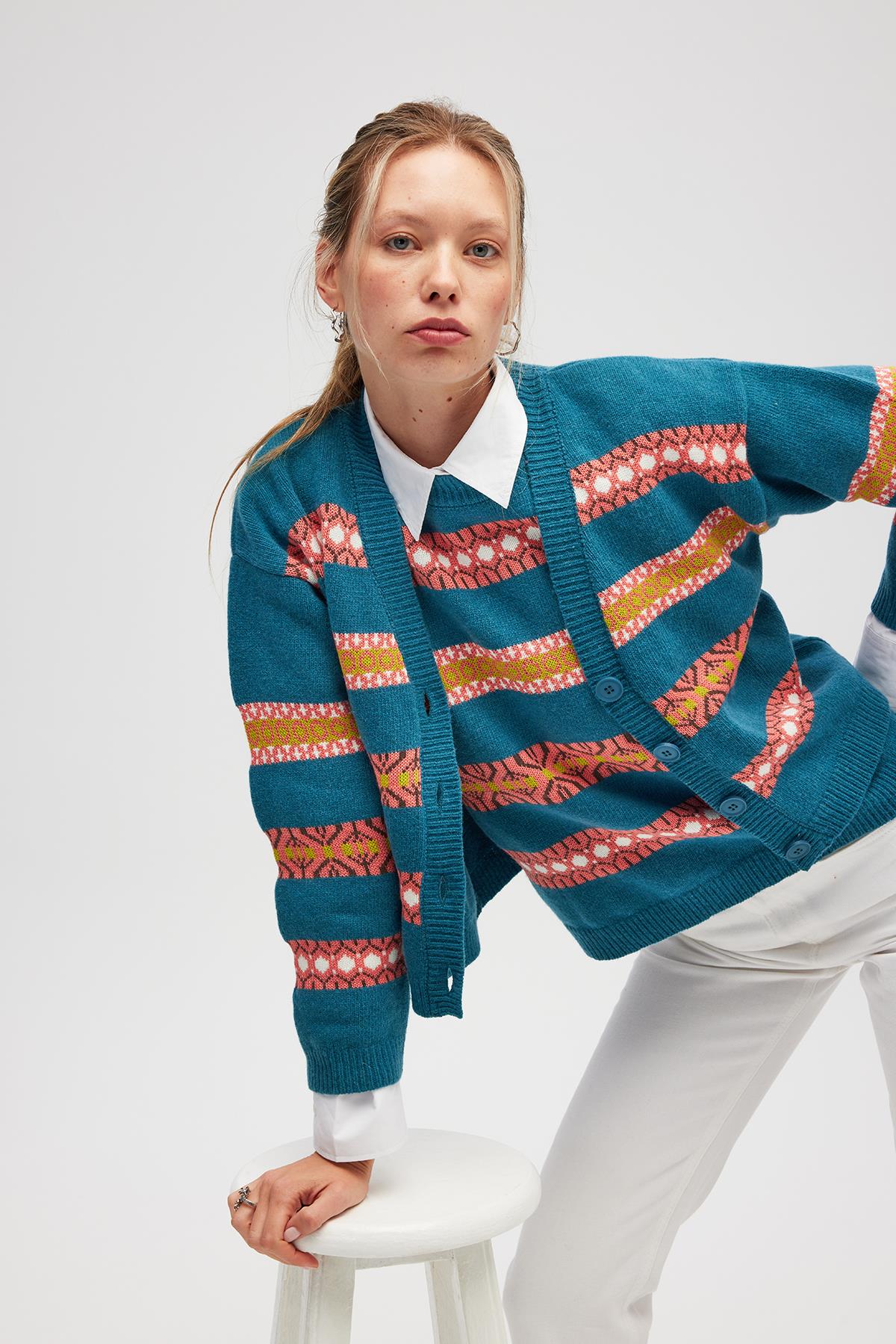 Peraluna Sephora Jakarlı Kadın Triko Hırka - Mavi