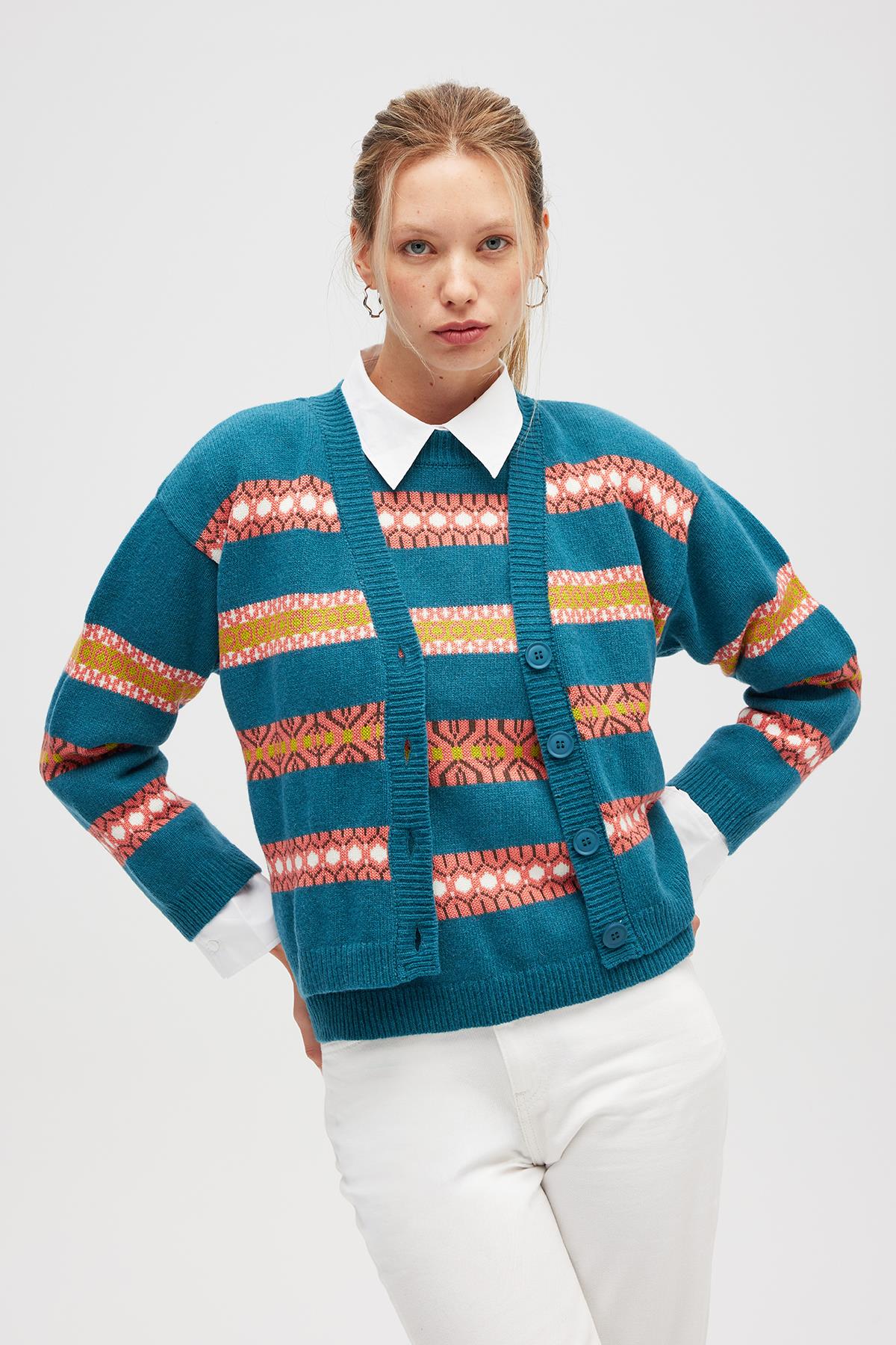 Peraluna Sephora Jakarlı Kadın Triko Hırka - Mavi