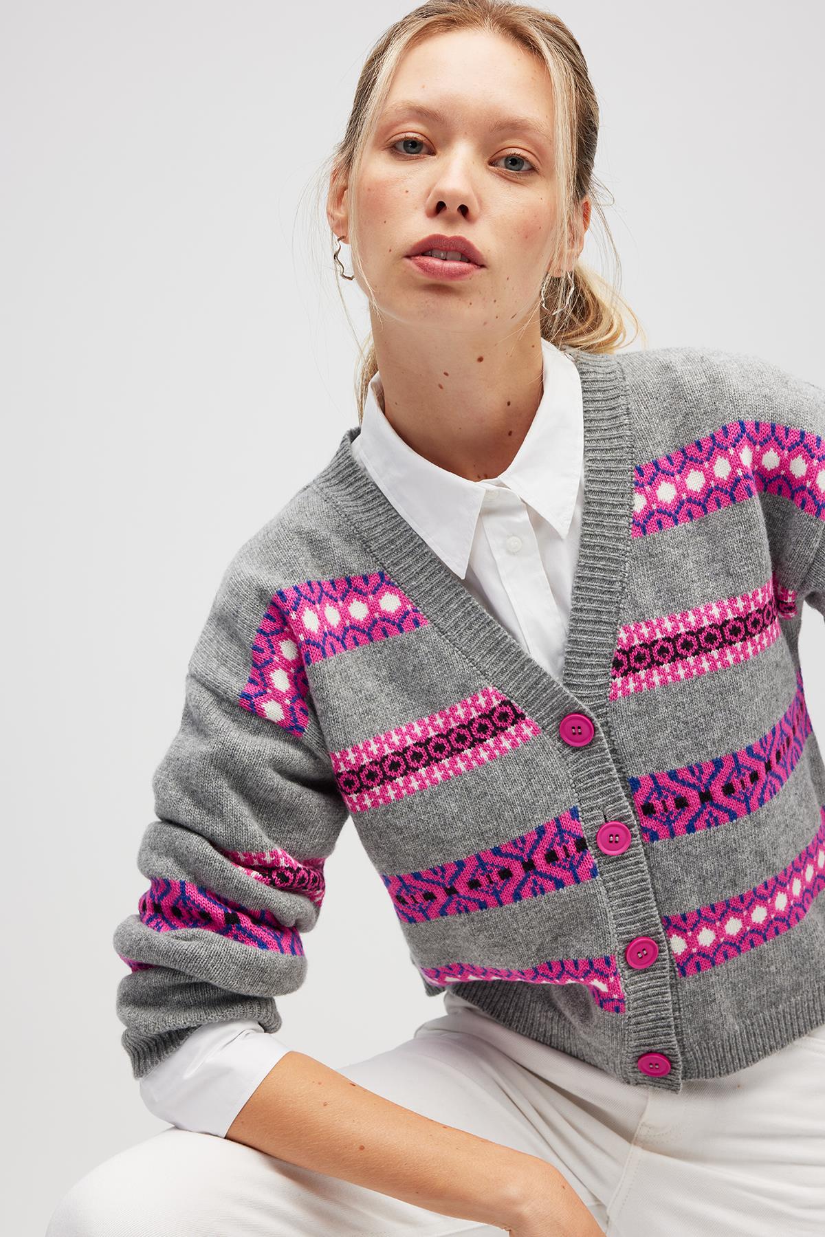 Peraluna Sephora Jakarlı Kadın Triko Hırka - Gri Melanj Multi