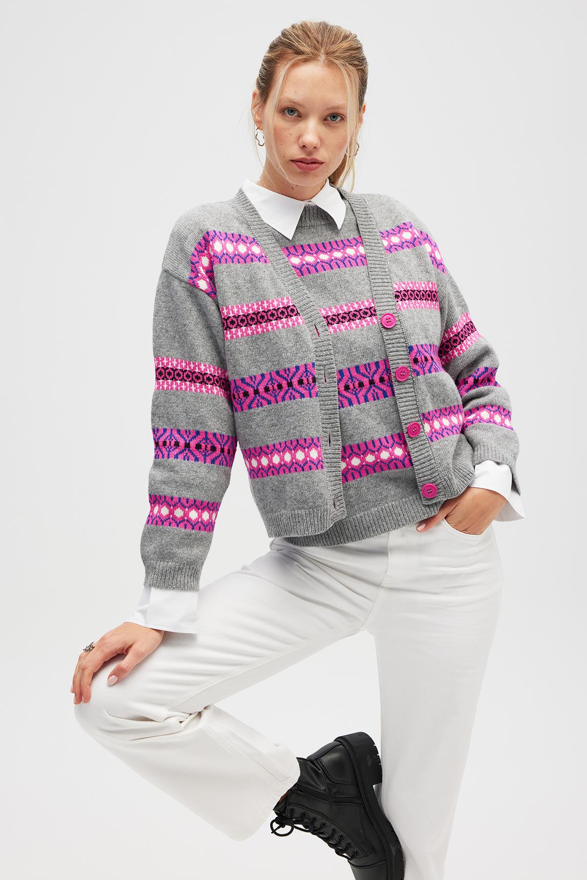 Peraluna Sephora Jakarlı Kadın Triko Hırka - Gri Melanj Multi