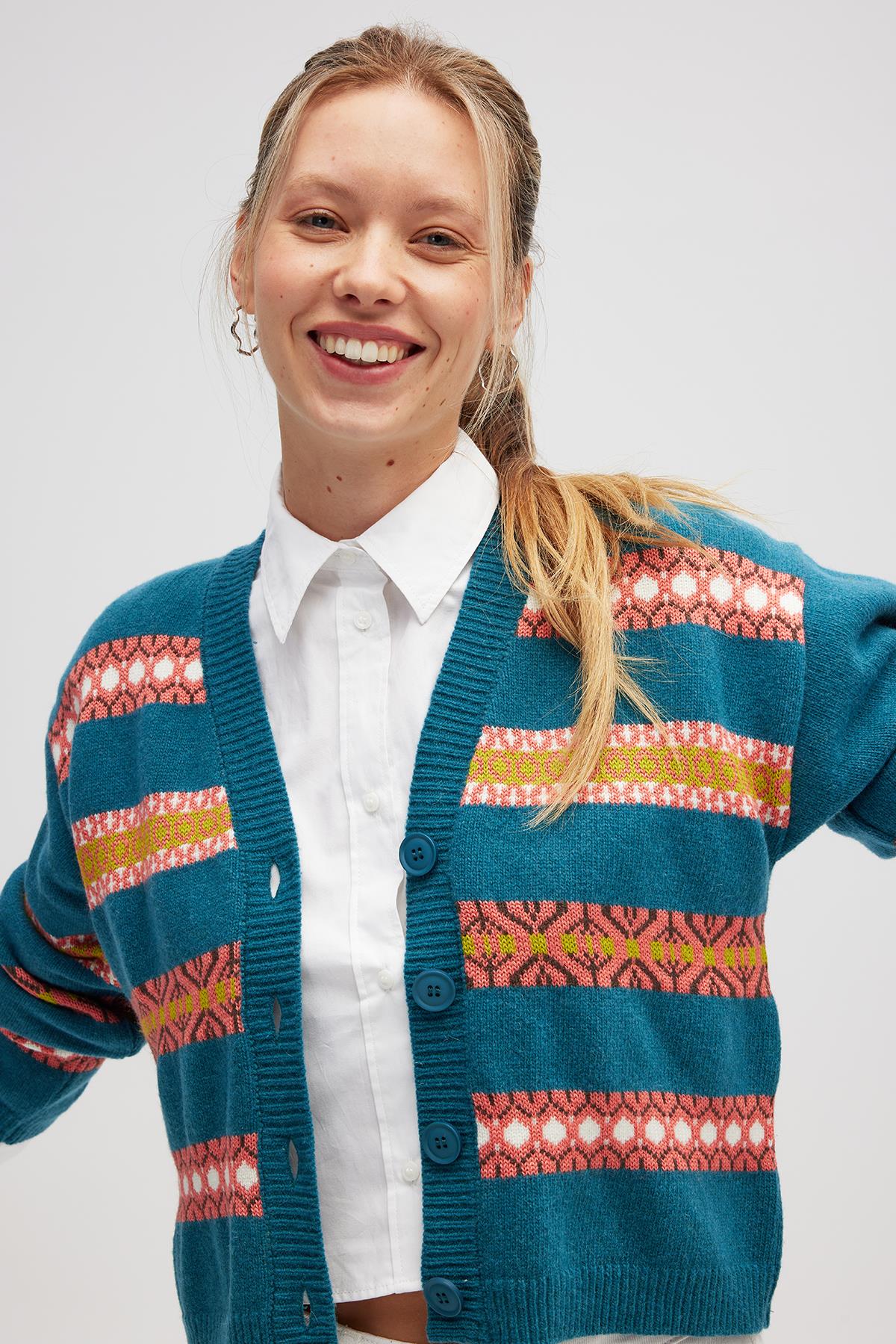 Peraluna Sephora Jakarlı Kadın Triko Hırka - Mavi