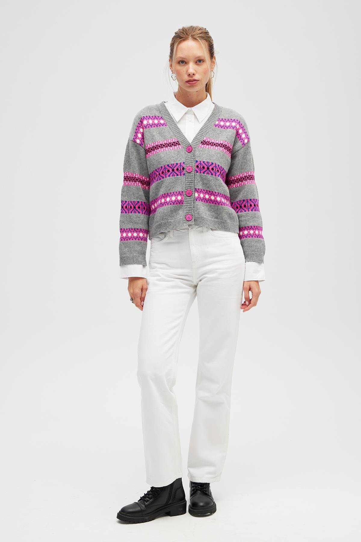 Peraluna Sephora Jakarlı Kadın Triko Hırka - Gri Melanj Multi