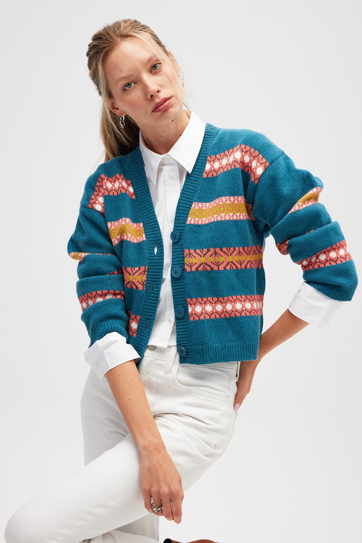 Peraluna Sephora Jakarlı Kadın Triko Hırka - Mavi