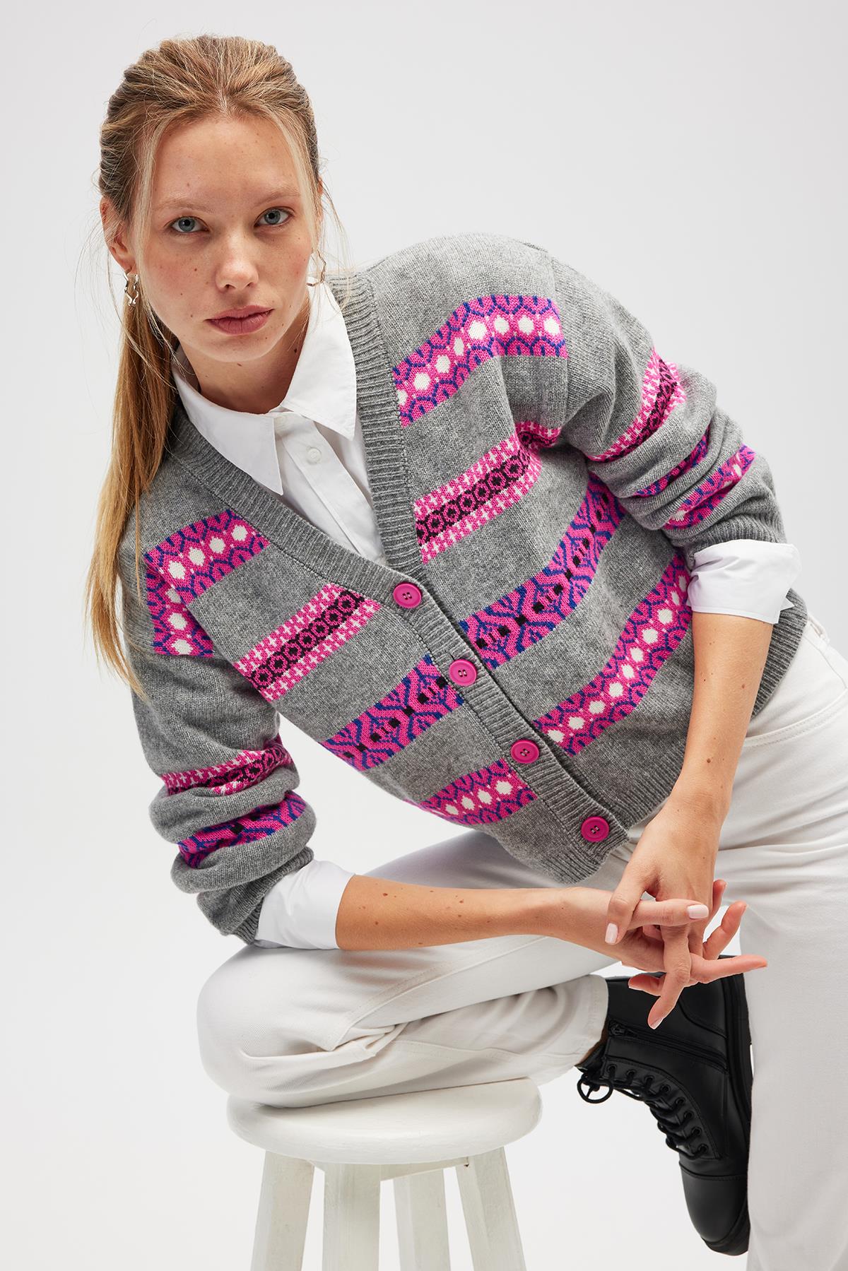 Peraluna Sephora Jakarlı Kadın Triko Hırka - Gri Melanj Multi