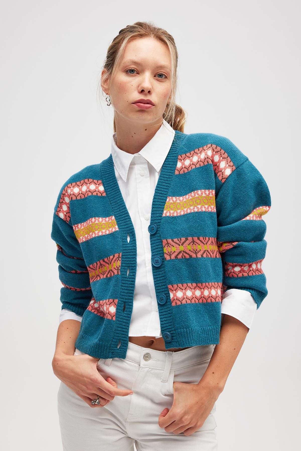 Peraluna Sephora Jakarlı Kadın Triko Hırka - Mavi