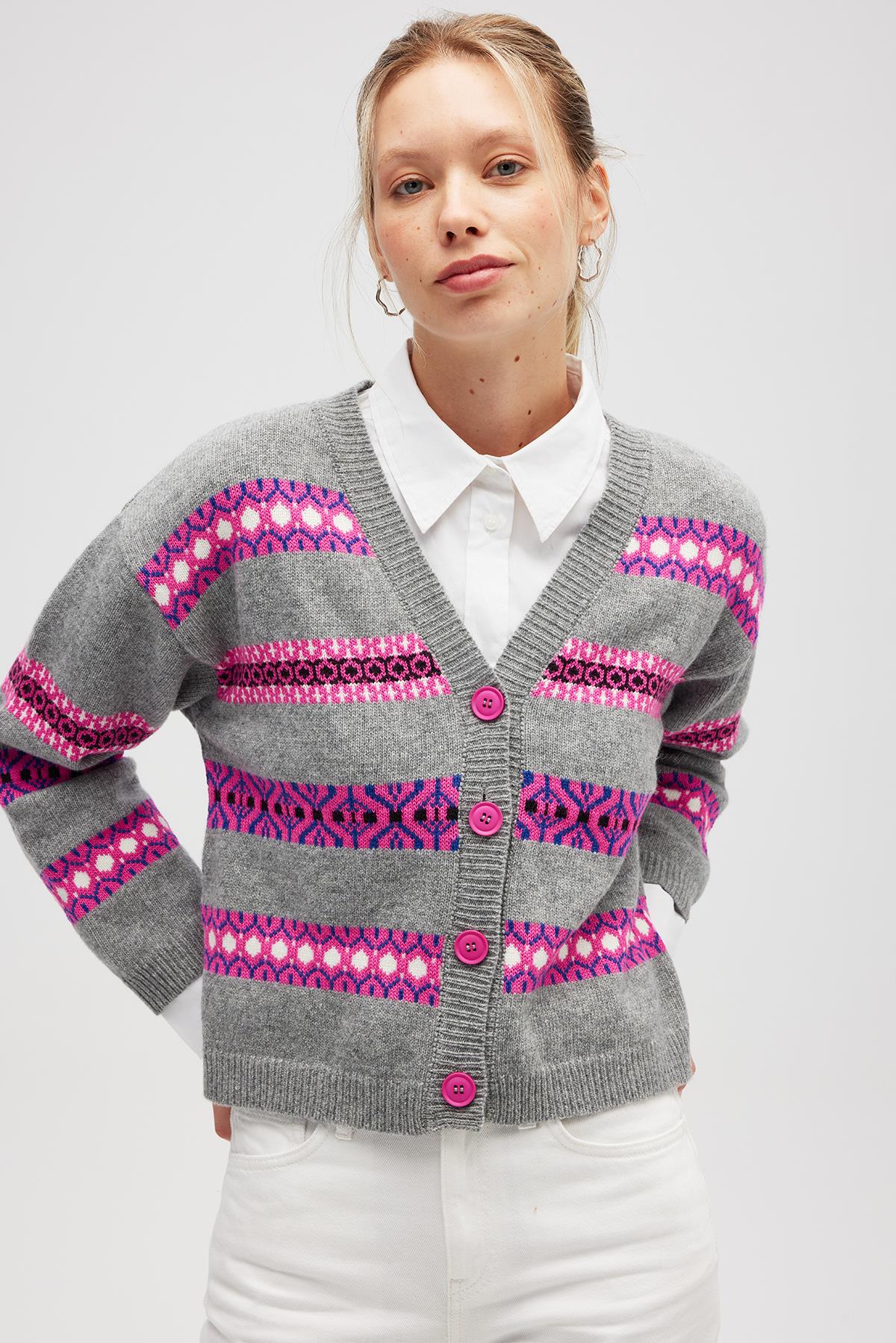 Peraluna Sephora Jakarlı Kadın Triko Hırka - Gri Melanj Multi