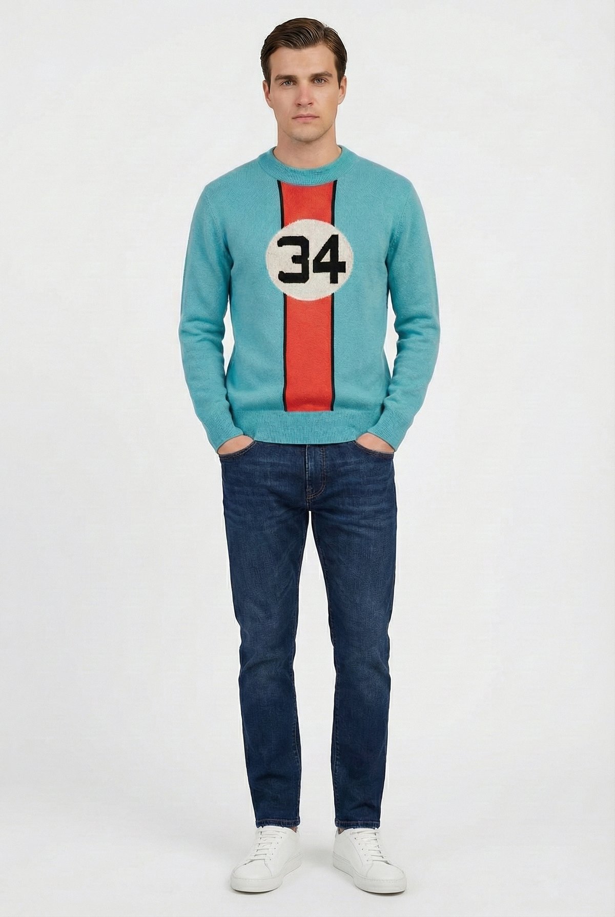 Peraluna SERGIO PULLOVER 34 No Jakarlı Pike Örgülü Mevsimlik Yarışçı Erkek Triko Kazak - Mavi/Turuncu