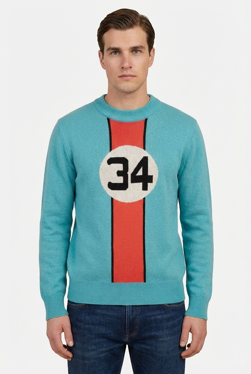 Peraluna SERGIO PULLOVER 34 No Jakarlı Pike Örgülü Mevsimlik Yarışçı Erkek Triko Kazak - Mavi/Turuncu