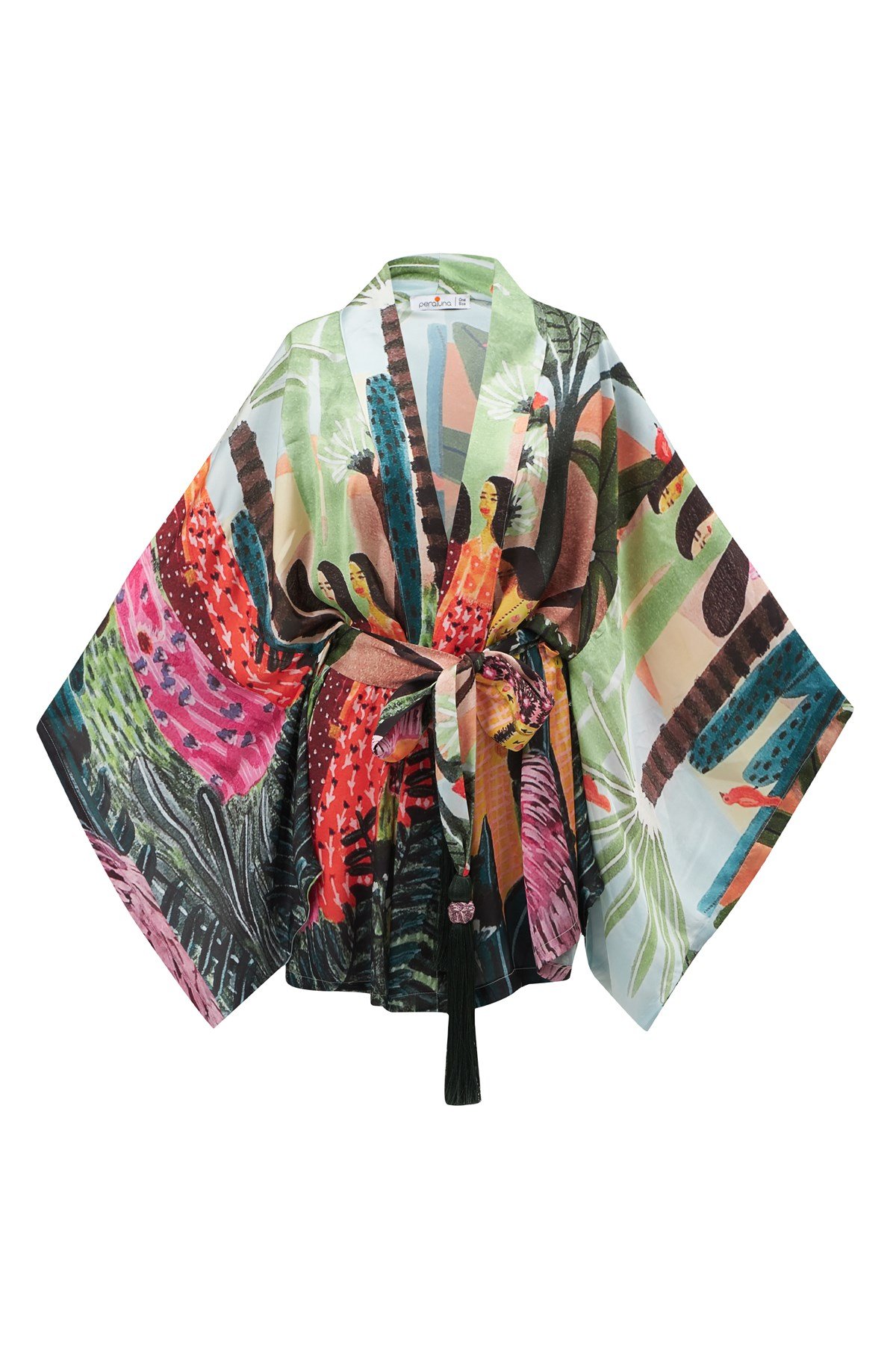 Peraluna SHUKO Tropik Desenli Geniş Kollu Diz Üstü Saten Kadın Kimono Çok Renkli