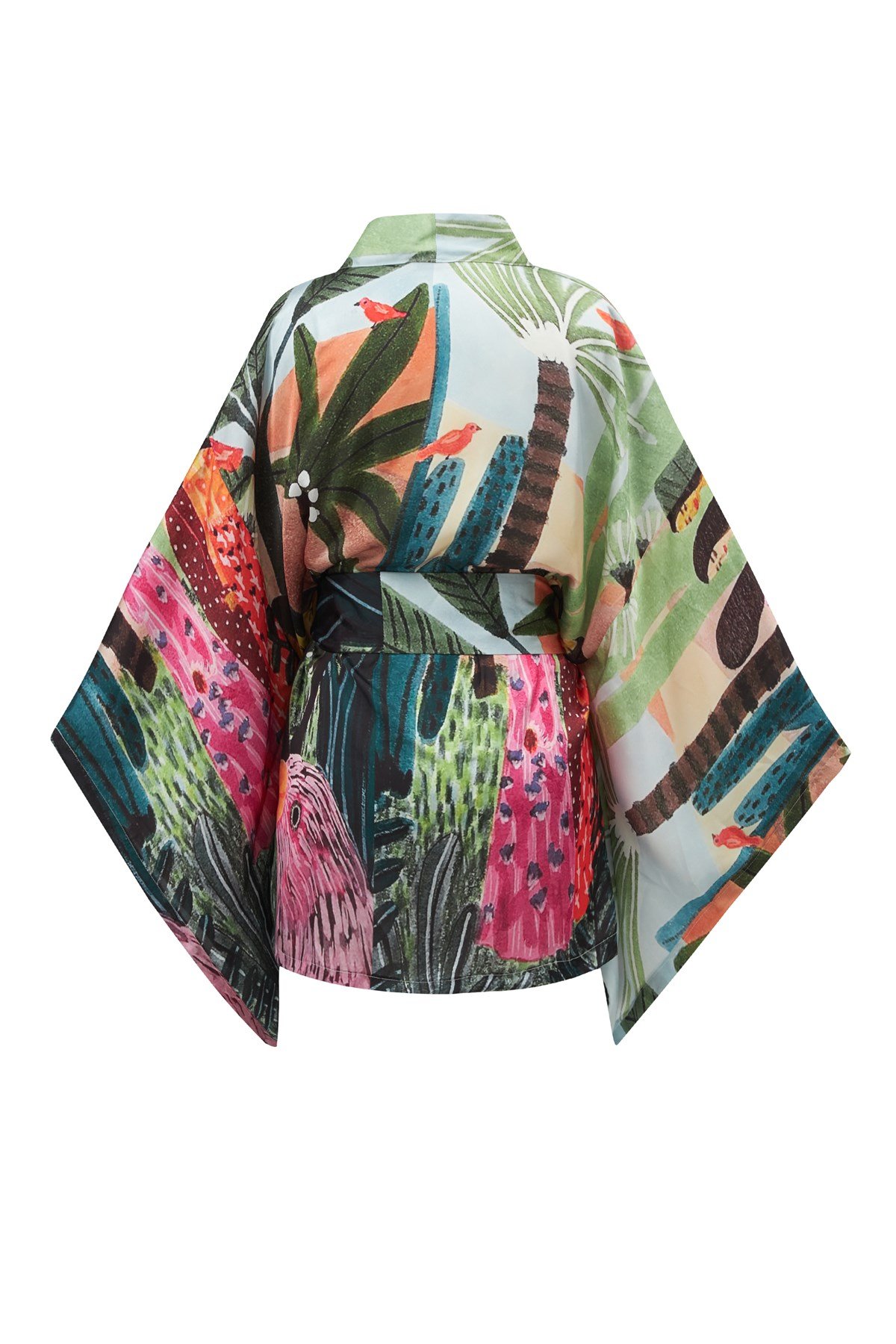 Peraluna SHUKO Tropik Desenli Geniş Kollu Diz Üstü Saten Kadın Kimono Çok Renkli