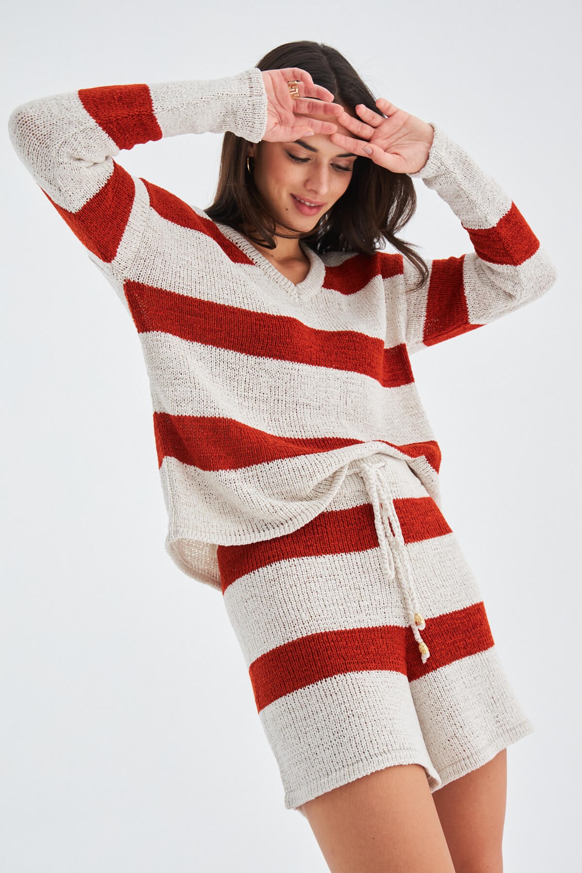 Peraluna SIENA BLOUSE & SHORTS Çizgili Uzun Kollu Kadın Triko Şort Takım Kremit/Taş