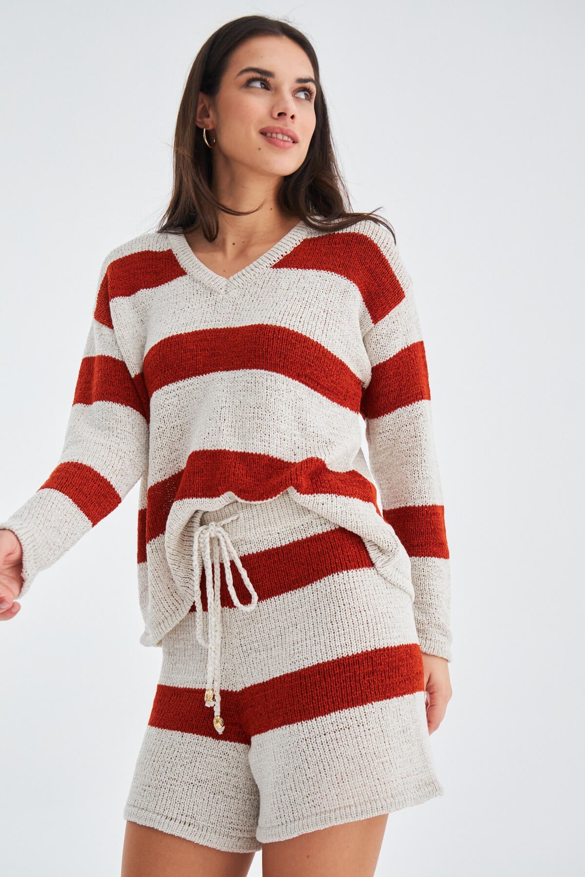 Peraluna SIENA BLOUSE & SHORTS Çizgili Uzun Kollu Kadın Triko Şort Takım Kremit/Taş