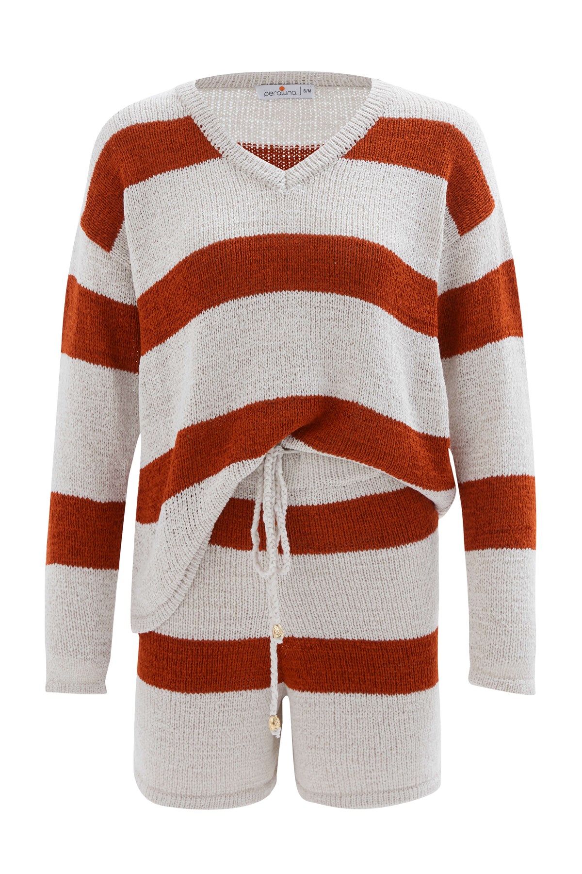 Peraluna SIENA BLOUSE & SHORTS Çizgili Uzun Kollu Kadın Triko Şort Takım Kremit/Taş