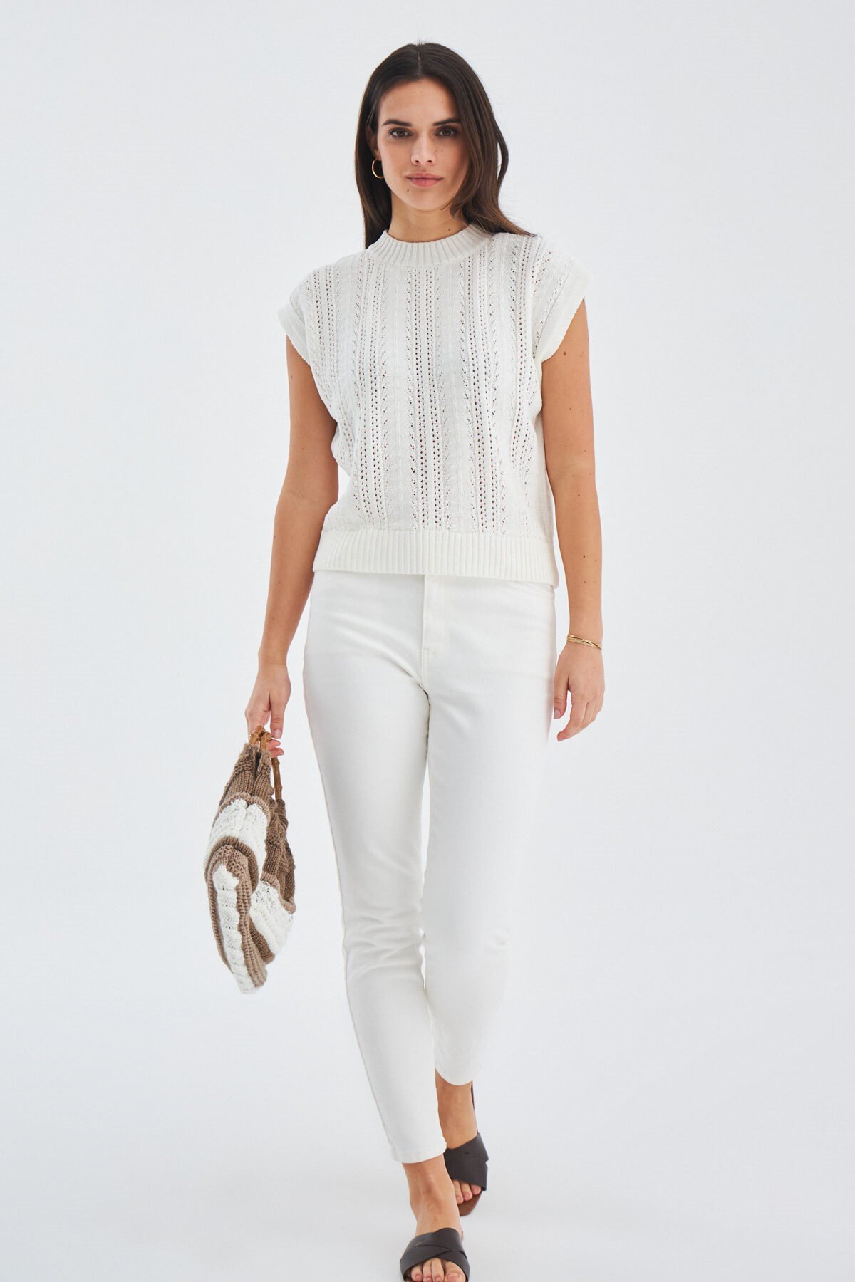 Peraluna SIMA BLOUSE Openwork Detailed Drop Shoulder Summer Women's Knitwear Blouse - Ecru