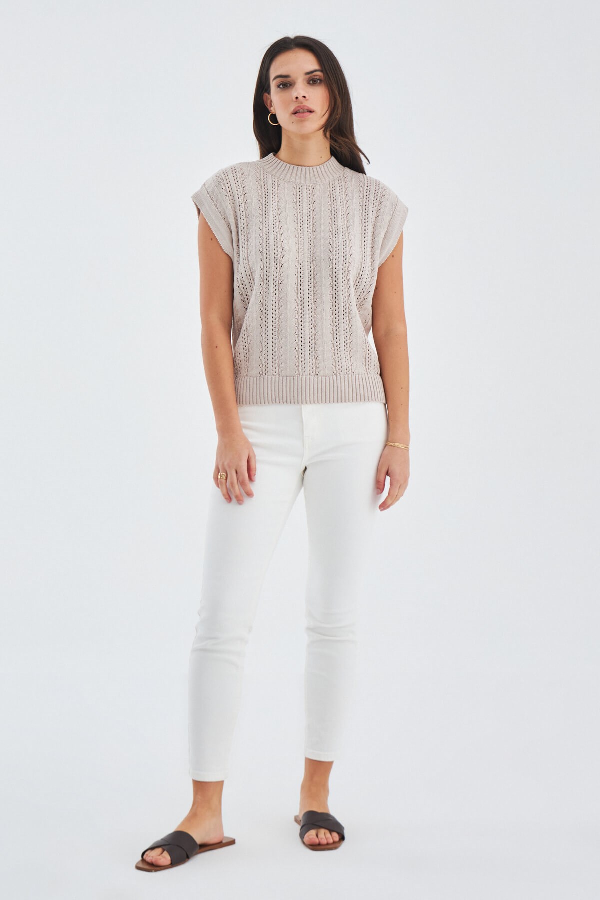 Peraluna SIMA BLOUSE Openwork Detailed Drop Shoulder Summer Women's Knitwear Blouse - Beige