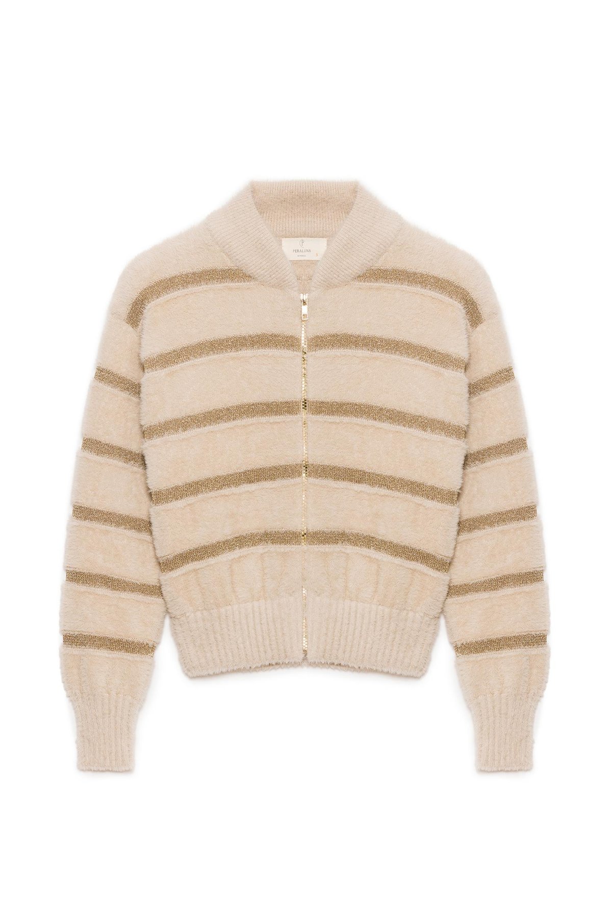Peraluna Lurex Striped Womens Knitted Short Bomber Jacket - Beige