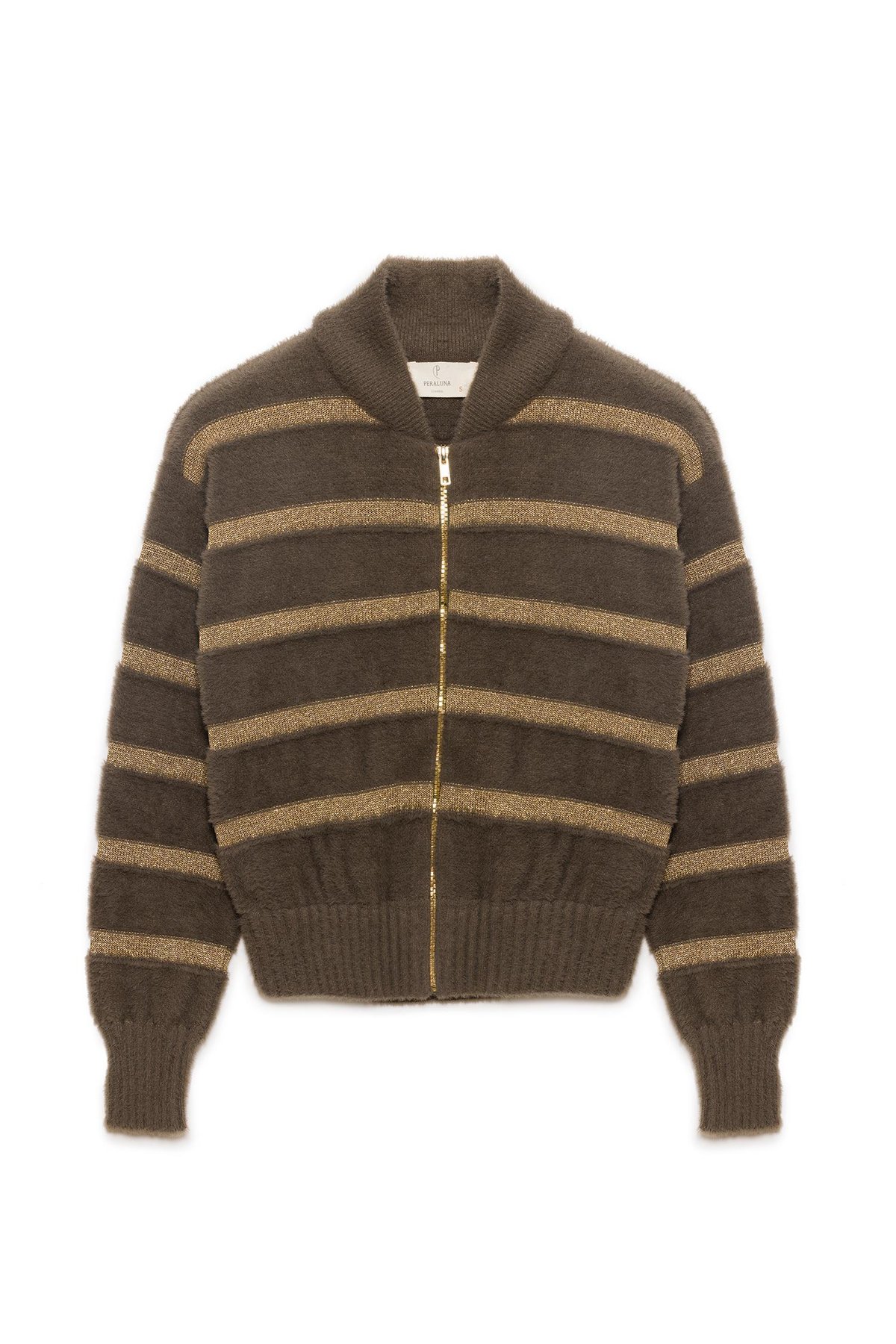 Peraluna Lurex Striped Womens Knitted Short Bomber Jacket - Mink