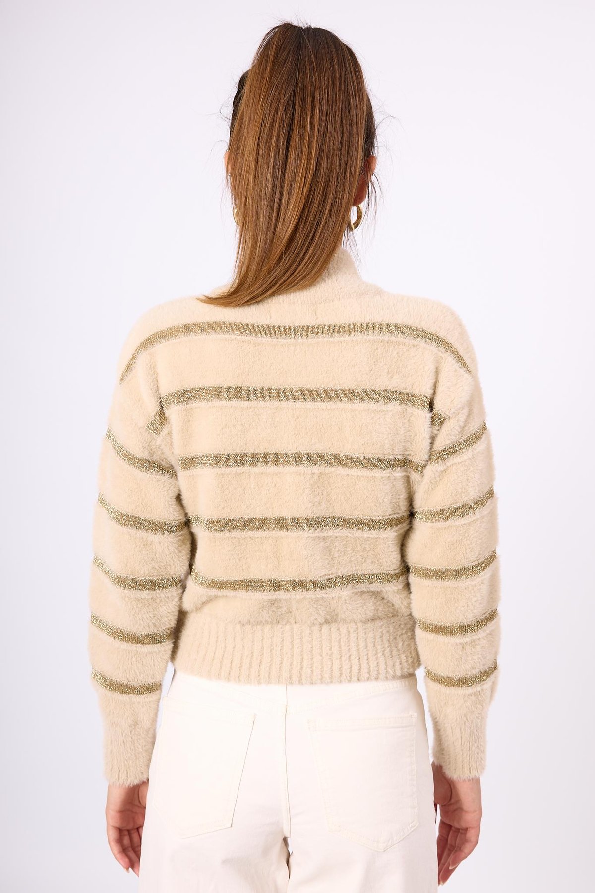 Peraluna Simli Çizgili Kısa Kadın Triko Bomber Ceket - Bej