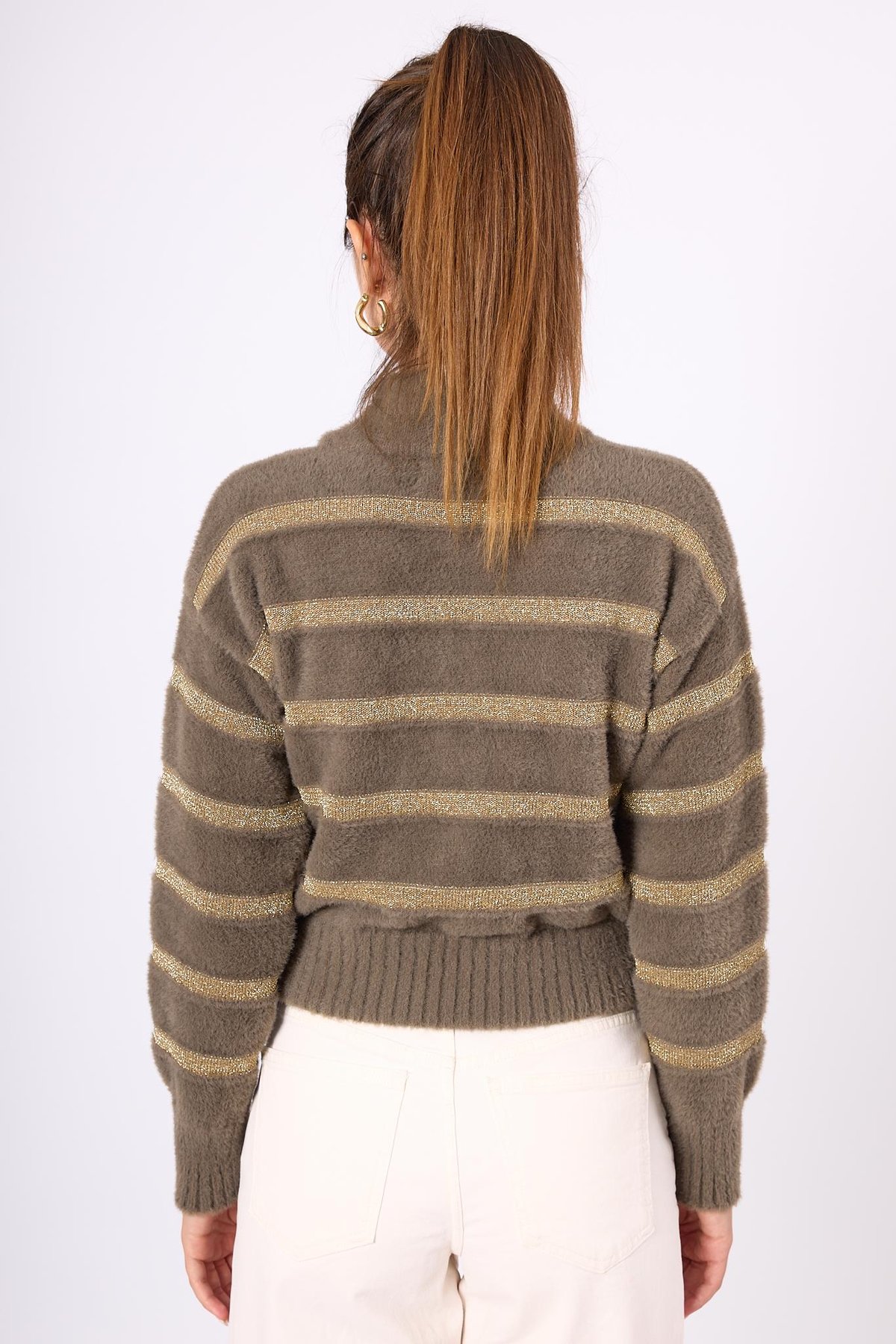 Peraluna Simli Çizgili Kısa Kadın Triko Bomber Ceket - Vizon