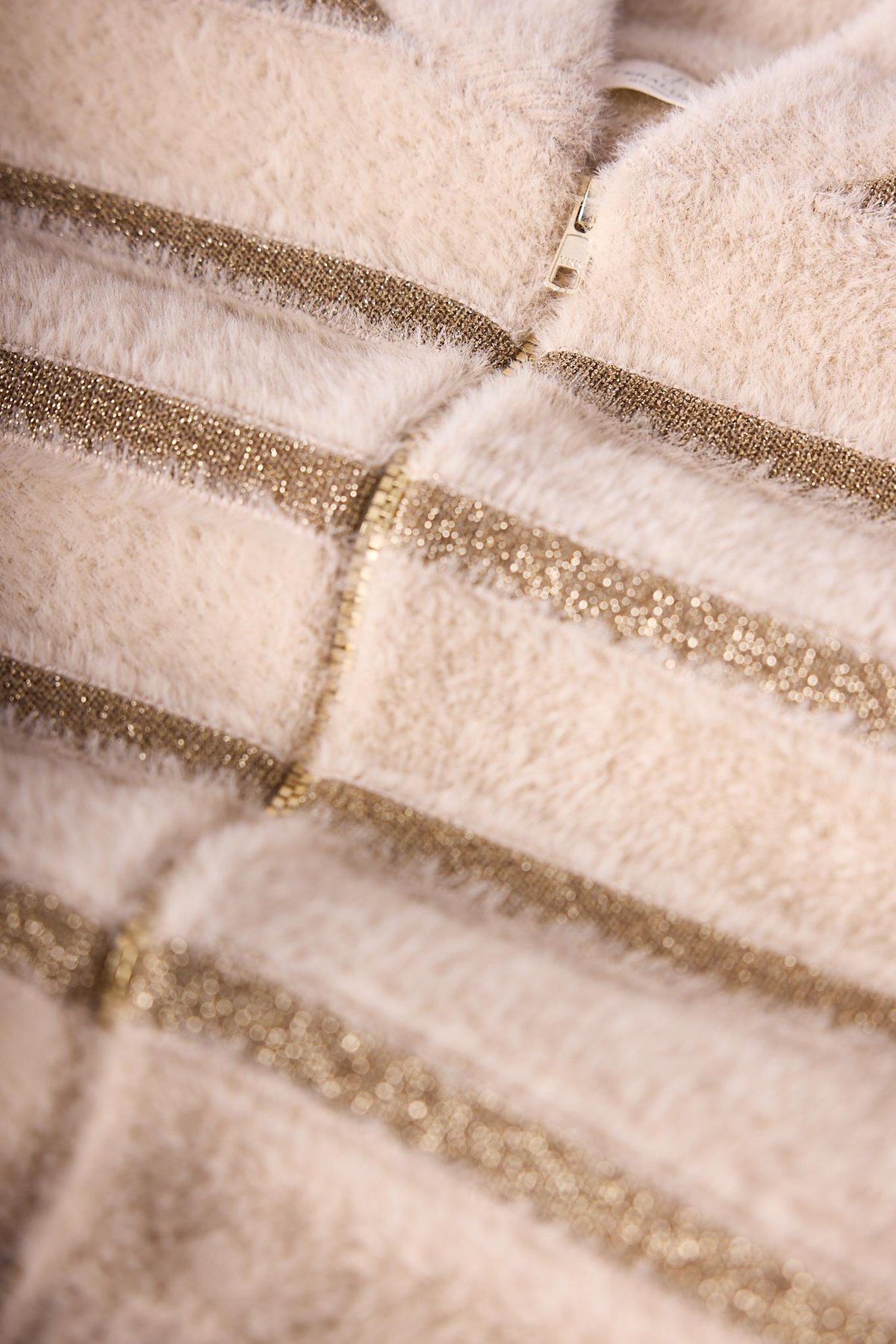 Peraluna Simli Çizgili Kısa Kadın Triko Bomber Ceket - Bej