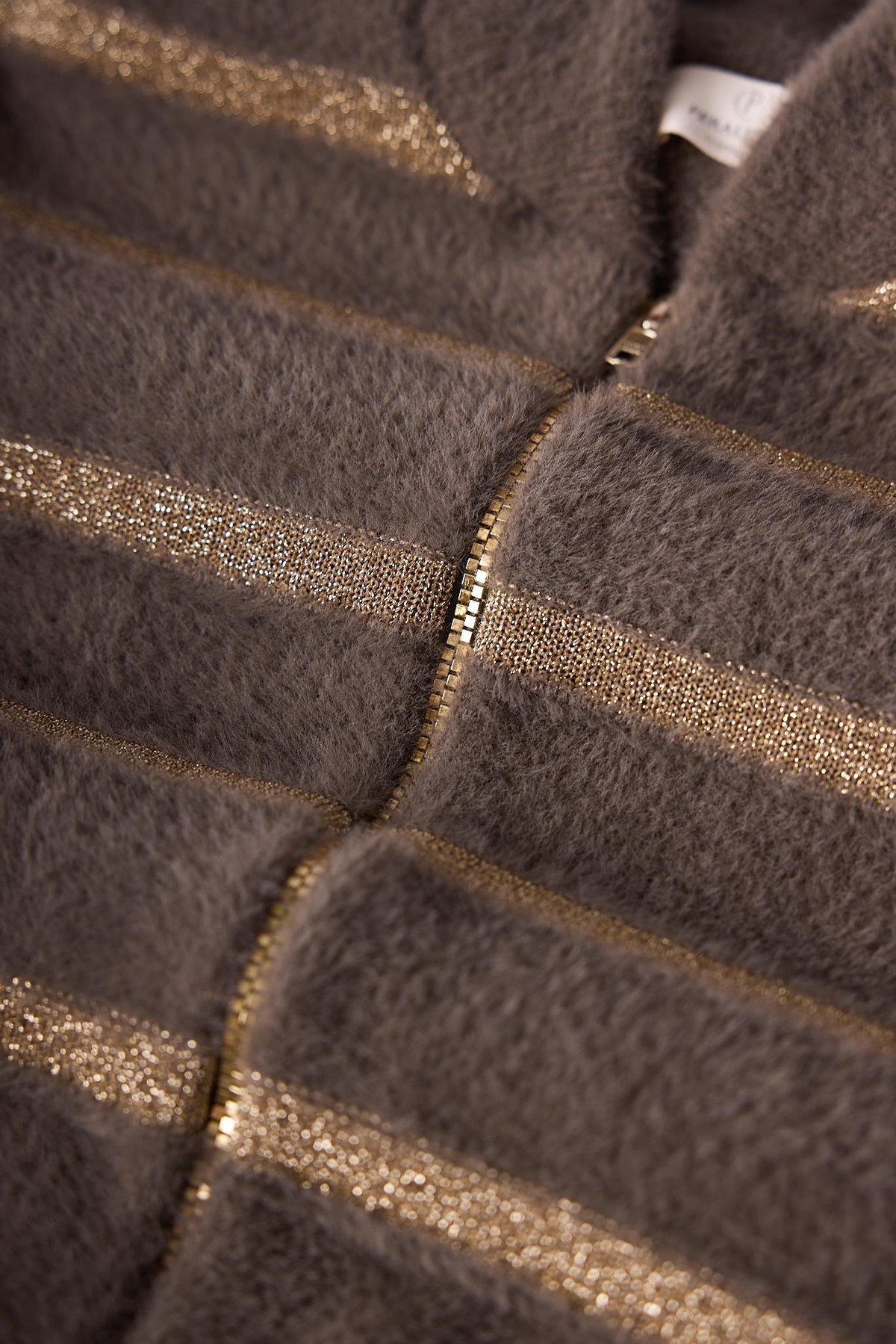 Peraluna Simli Çizgili Kısa Kadın Triko Bomber Ceket - Vizon