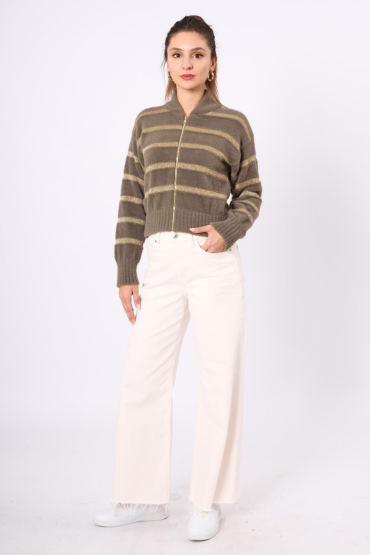 Peraluna Simli Çizgili Kısa Kadın Triko Bomber Ceket - Vizon