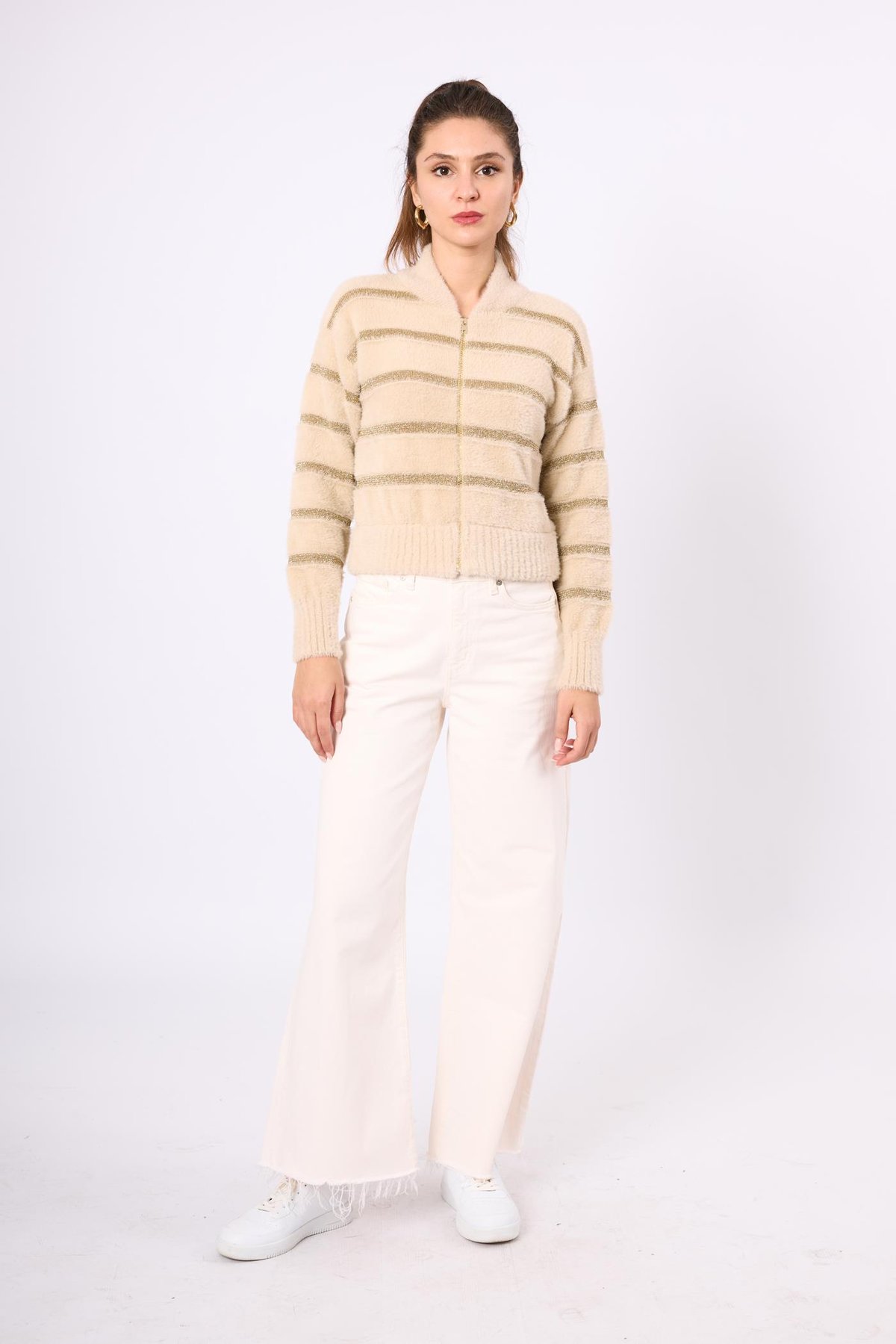 Peraluna Simli Çizgili Kısa Kadın Triko Bomber Ceket - Bej