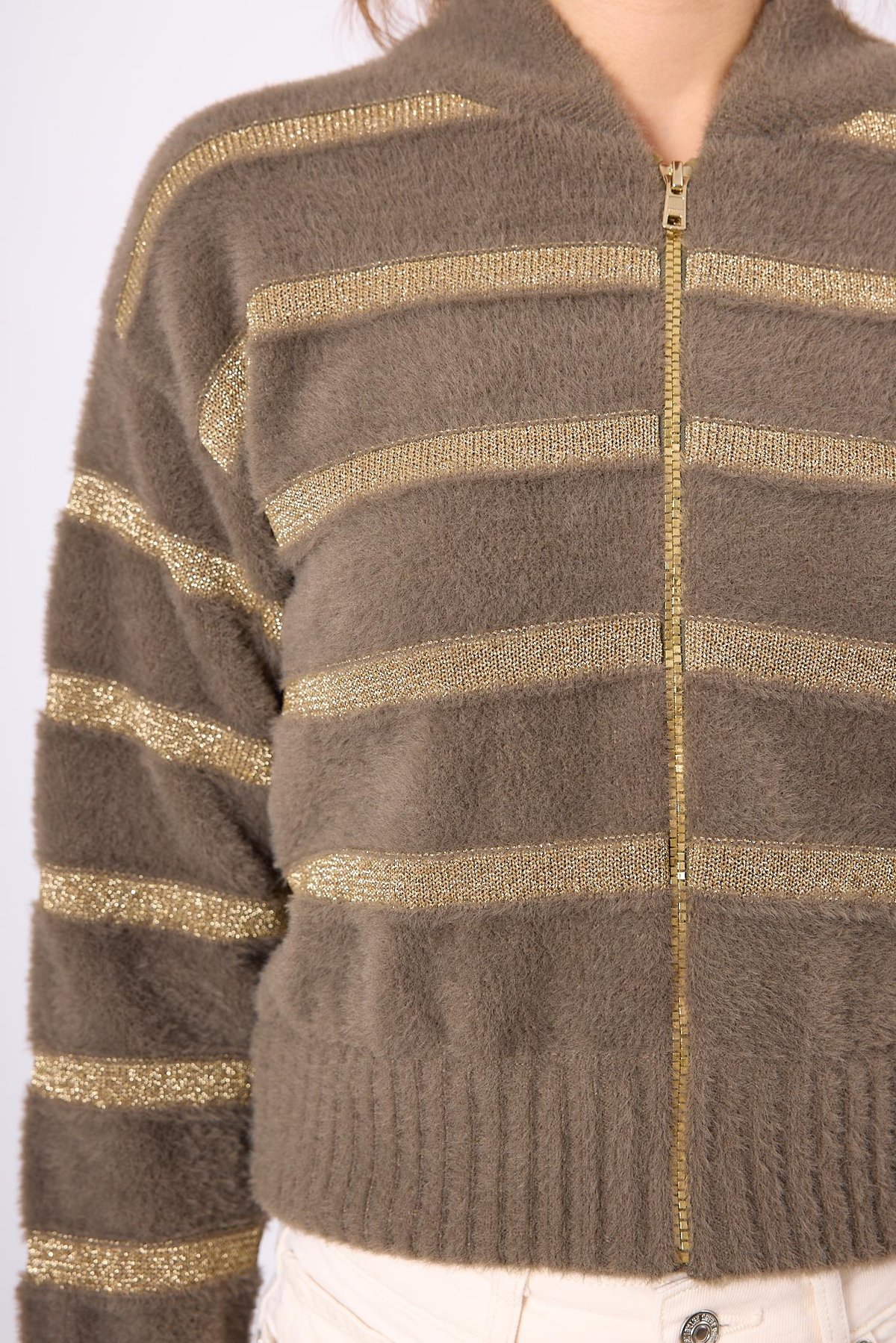 Peraluna Simli Çizgili Kısa Kadın Triko Bomber Ceket - Vizon