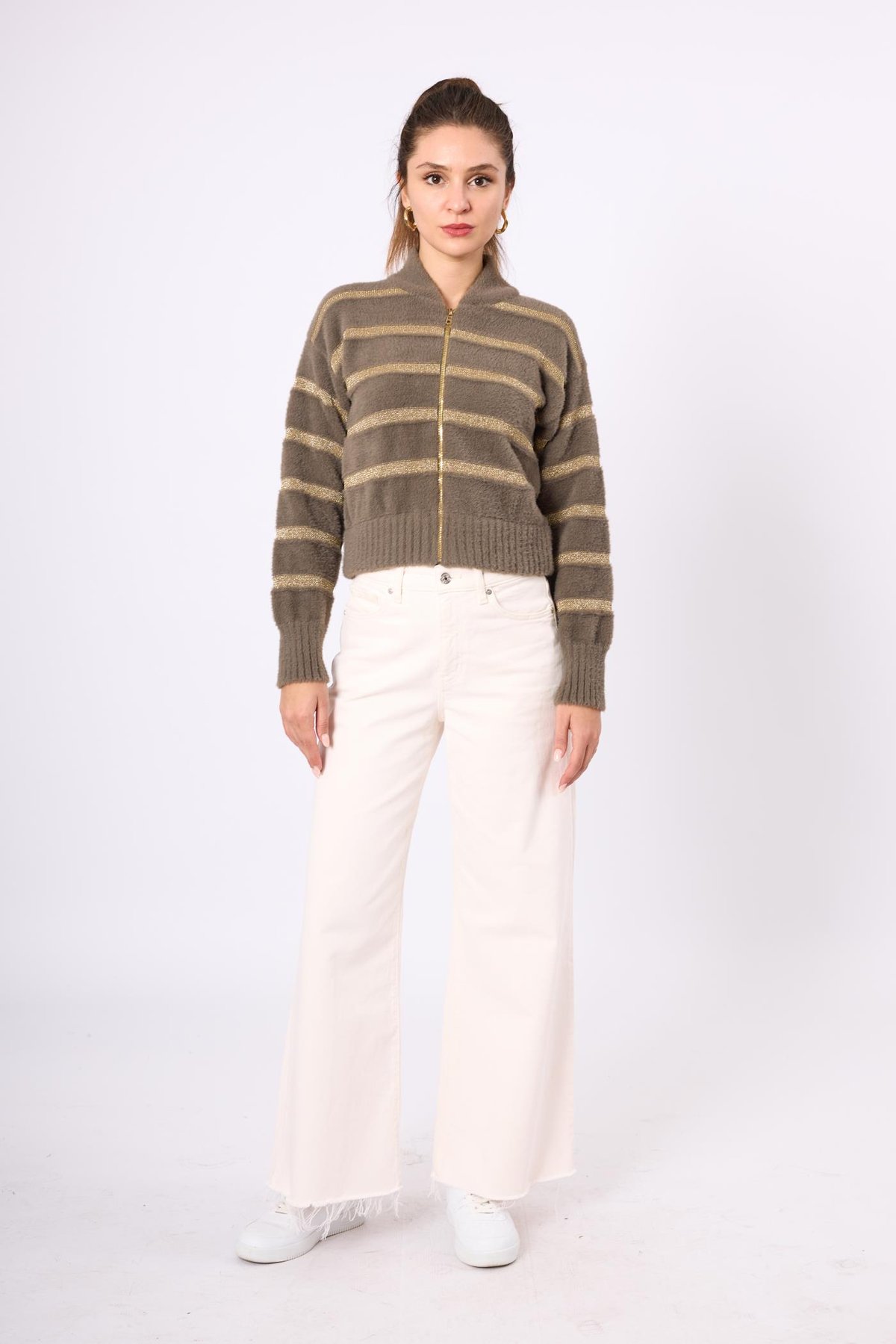 Peraluna Simli Çizgili Kısa Kadın Triko Bomber Ceket - Vizon