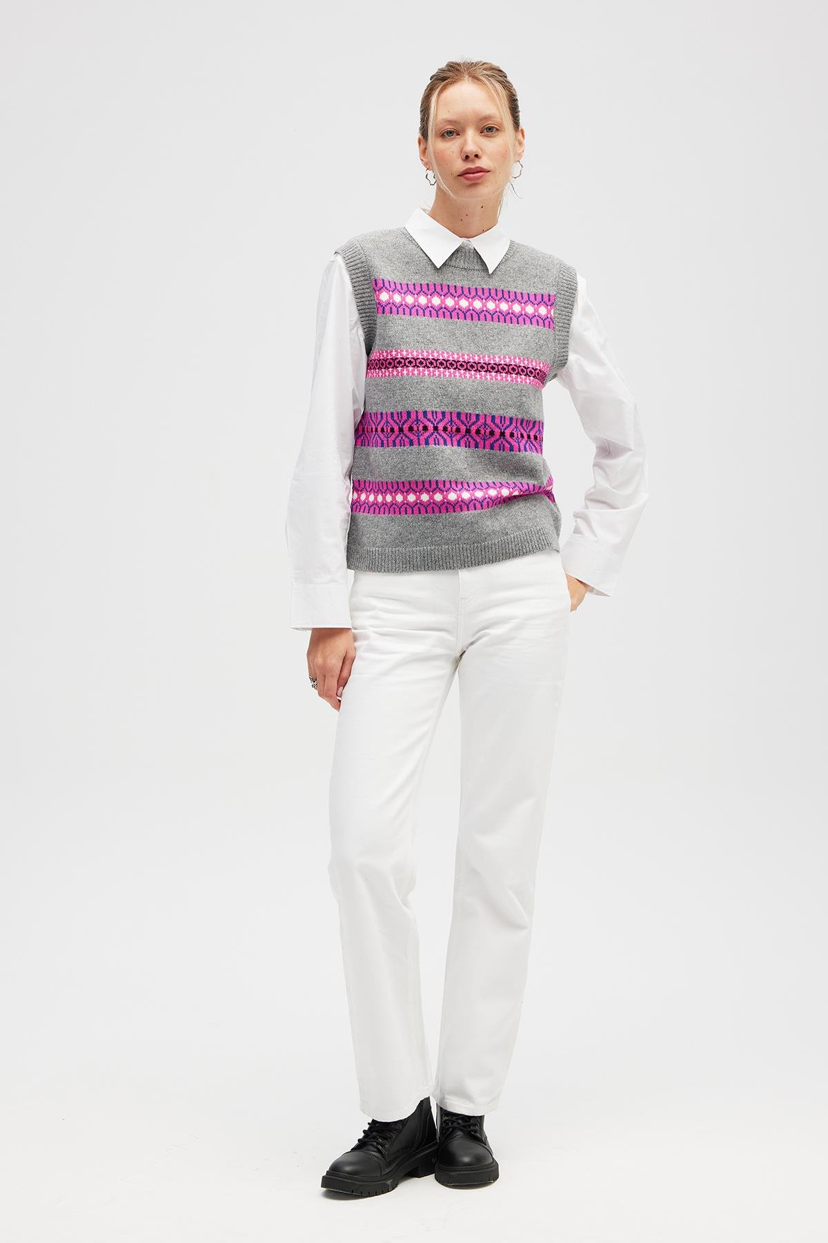 Peraluna Simone Kadın Jakarlı Triko Süveter - Gri Melanj Multi