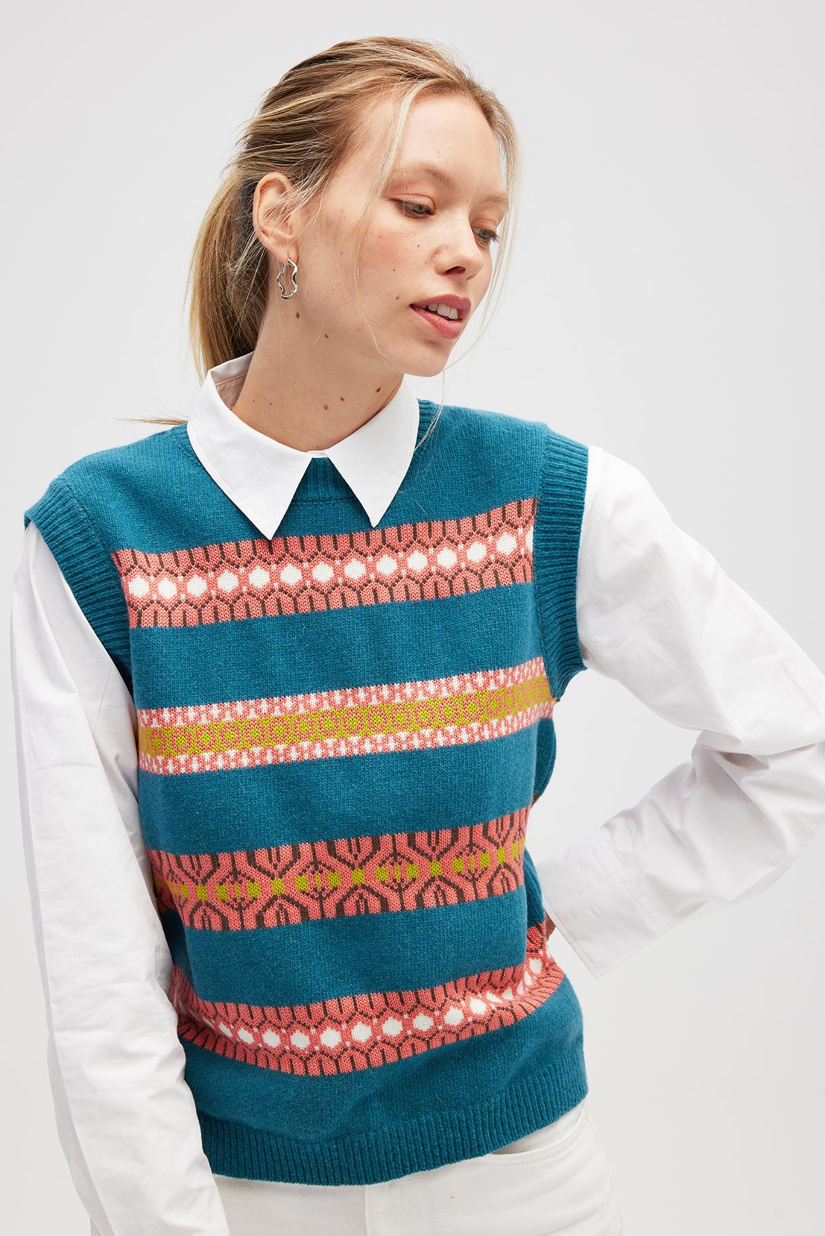 Peraluna Simone Kadın Jakarlı Triko Süveter - Mavi