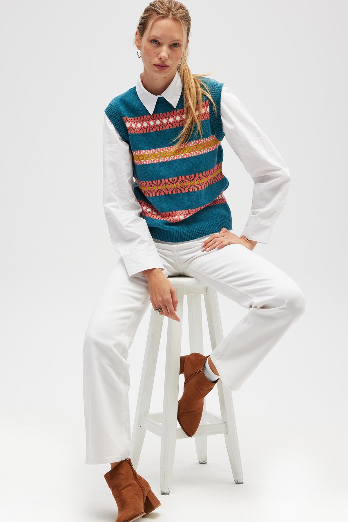 Peraluna Simone Kadın Jakarlı Triko Süveter - Mavi