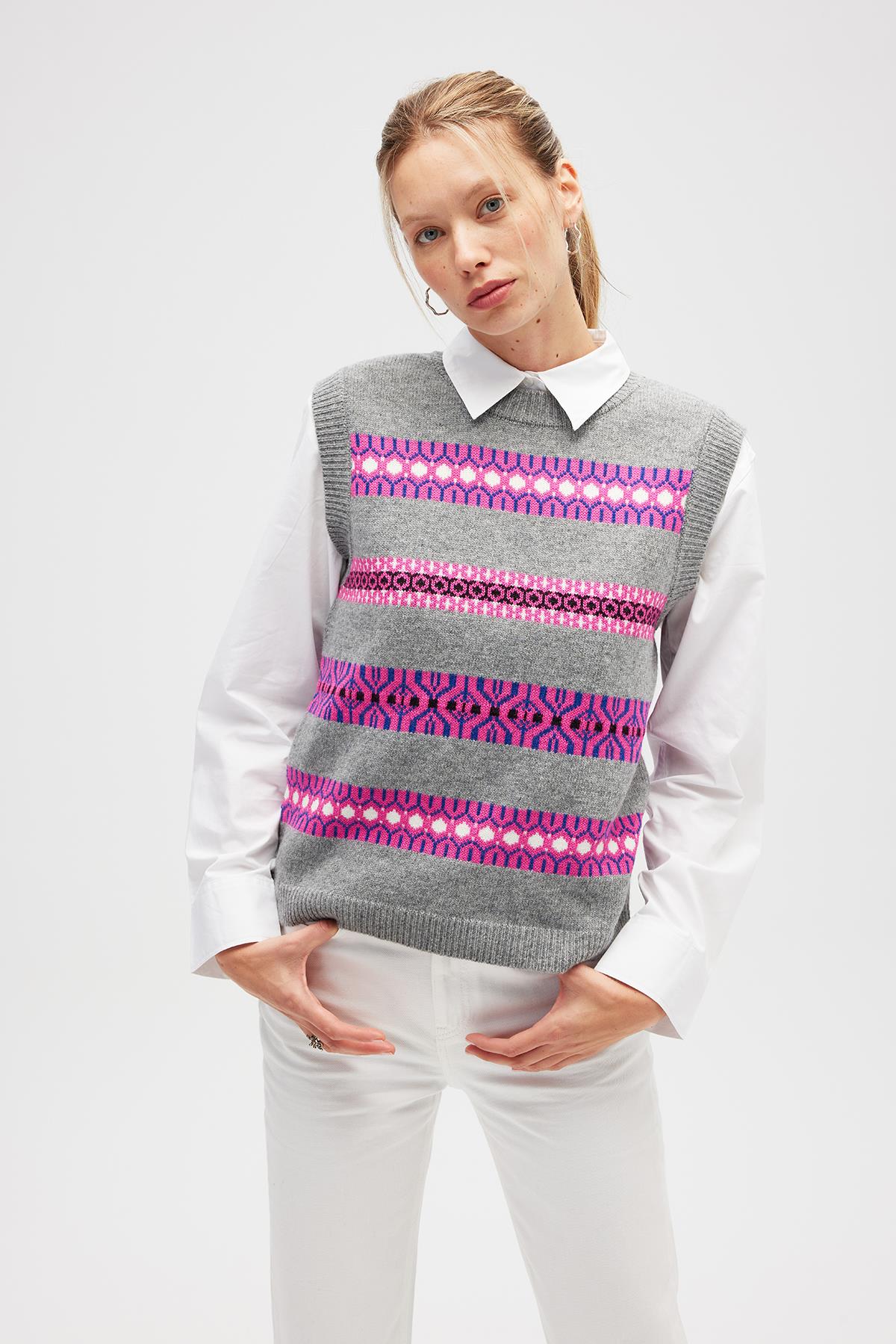 Peraluna Simone Kadın Jakarlı Triko Süveter - Gri Melanj Multi